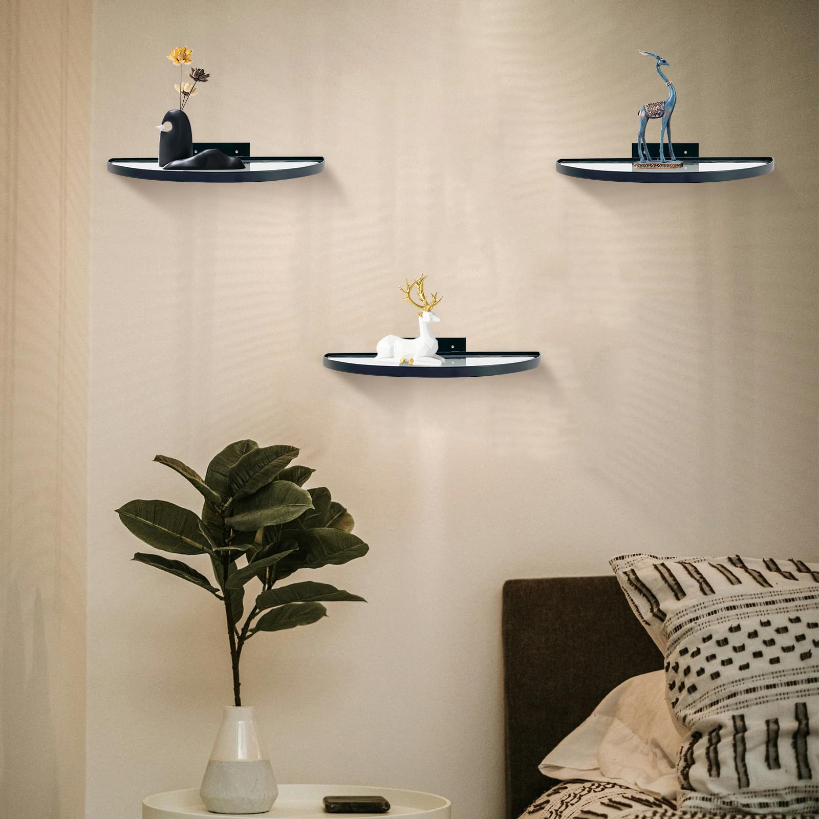 Cityelf Floating Shelves Set of 3 - Modern Wall Mounted Shelves with Iron Frame & Tempered Glass for Home Decor - Perfect for Living Room, Bedroom & Office Display (Black)