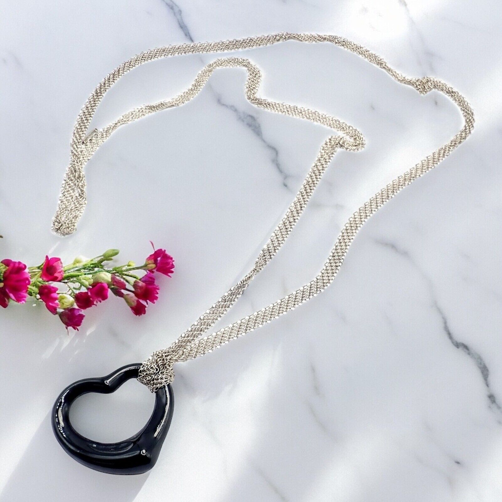 Tiffany & Co Sterling Silver Peretti 35mm Large Open Onyx Heart Pendant Necklace - 28