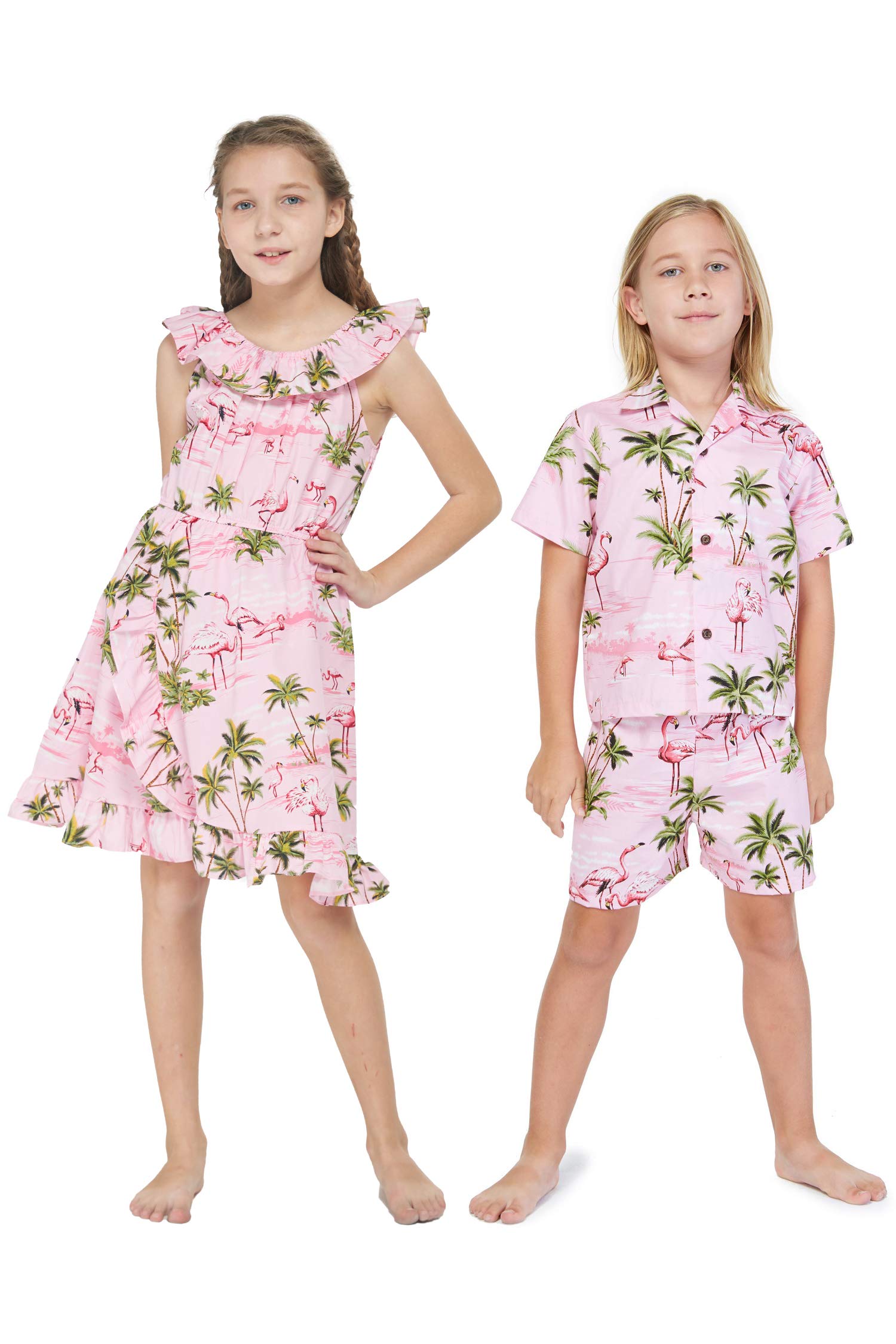 Flamingo Blue Matching Hawaiian Luau Outfits for Siblings - Boy & Girl Tropical Summer Beach Party Wear
