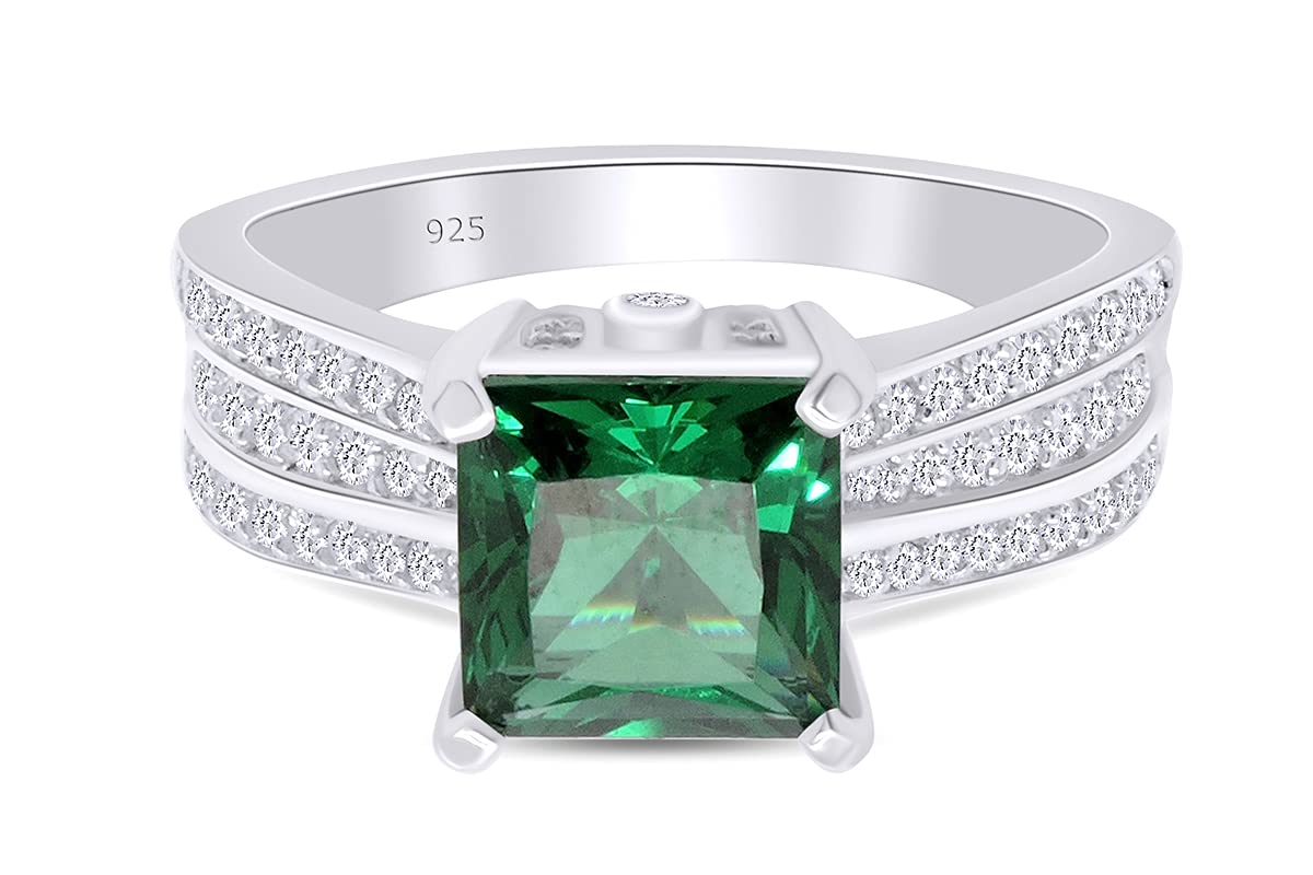 14K Gold Plated 925 Sterling Silver Simulated Emerald & Diamond Cluster Engagement Ring for Women - Perfect for Proposals, Anniversaries & Special Occasions