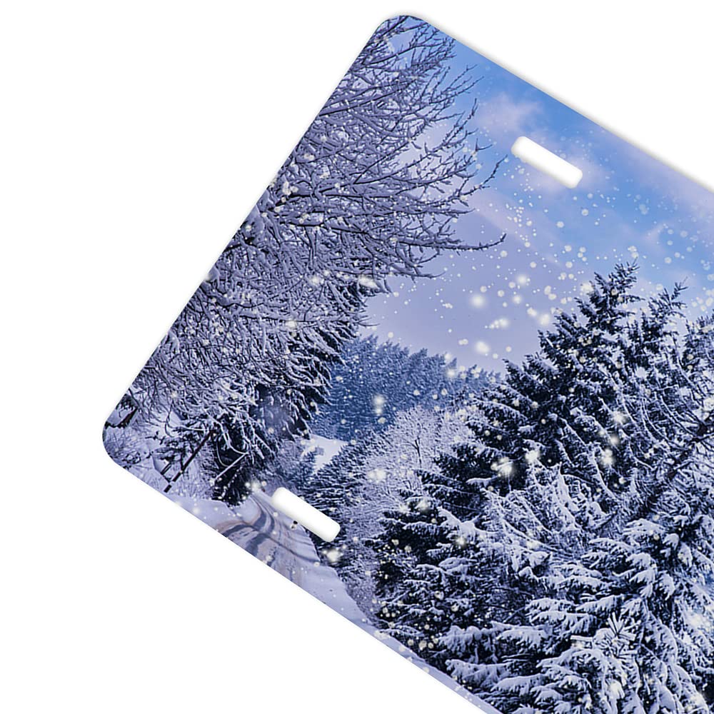 WONDERTIFY Winter Landscape Snowy Pine Trees Mountain Road Christmas Novelty Vanity Decorative Metal Car License Plate - 12