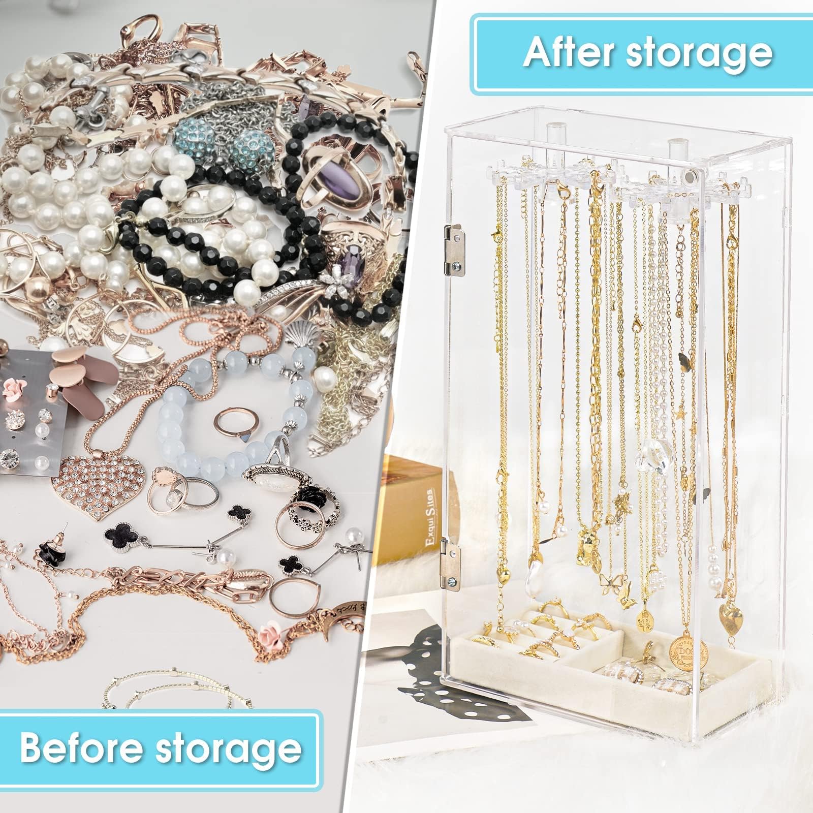Clear Rotatable Acrylic Necklace Holder & Jewelry Organizer Display Case - Beige Velvet Tray for Rings, Earrings, Pendants & Bracelets | Perfect for Closet, Vanity & Retail Store Jewelry Display