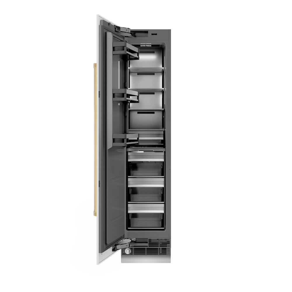 ZLINE Autograph Edition 18 Inch 8.6 cu ft Left Hinge Column Freezer - White Matte Finish with Graphite Gray Interior & Polished Gold Accents (RCFVLZ WM 18 G) | Perfect for Home Bars, Basements & Gourmet Kitchen Storage