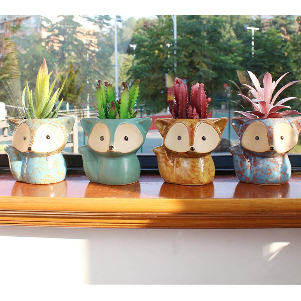 4 Pack Fox Shaped Ceramic Succulent Pots with Drainage Holes - Cute Cactus & Flower Planters for Home, Office Desk Decor | Perfect for Indoor Plants, Succulents, Small Herbs & Gift Ideas