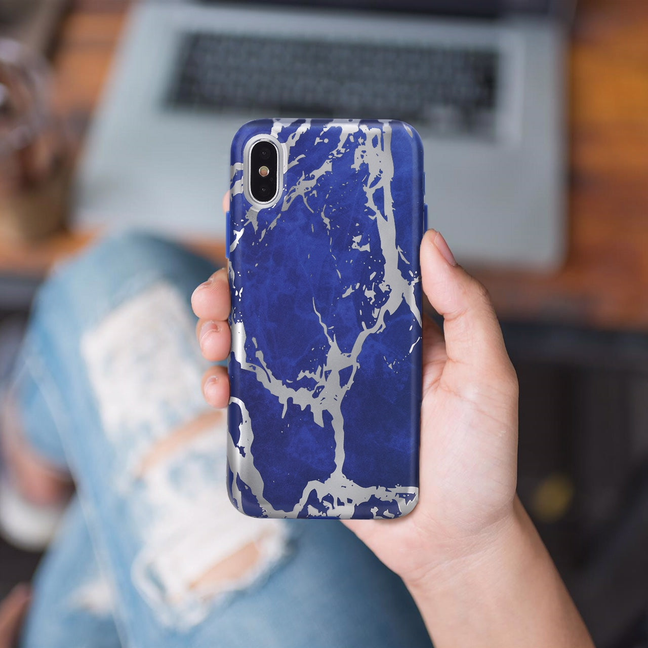 Navy Blue Marble Silver Chrome iPhone Case - Stylish Protective Cover for iPhone 13/14/15 Pro Max - Durable Shockproof Phone Case for Everyday Use & Travel