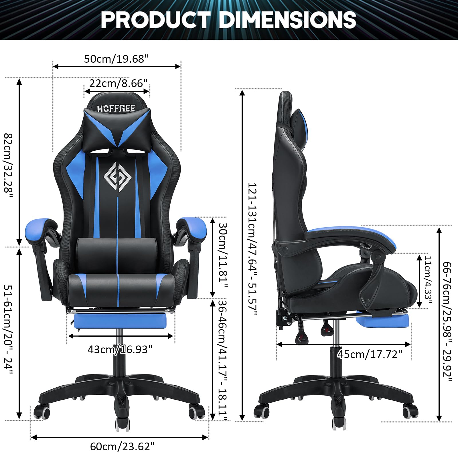 Ergonomic Gaming Chair with Massage, LED Lights & Adjustable Lumbar Support - High Back Computer Chair with Footrest for PC & Console Gamers - Perfect for Esports, Streaming & Home Office (Blue & Black)