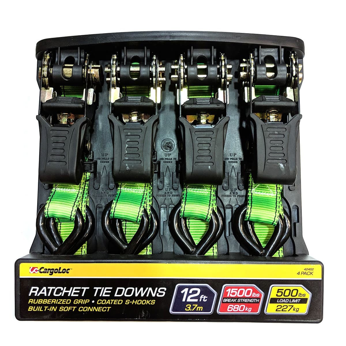 Allied 42462 4-Piece 12-Foot x 1-Inch Ratchet Tie Down Straps Set - 1,500 lb Capacity Heavy Duty Polyester Webbing - Perfect for Truck, Trailer, Motorcycle & Cargo Securing