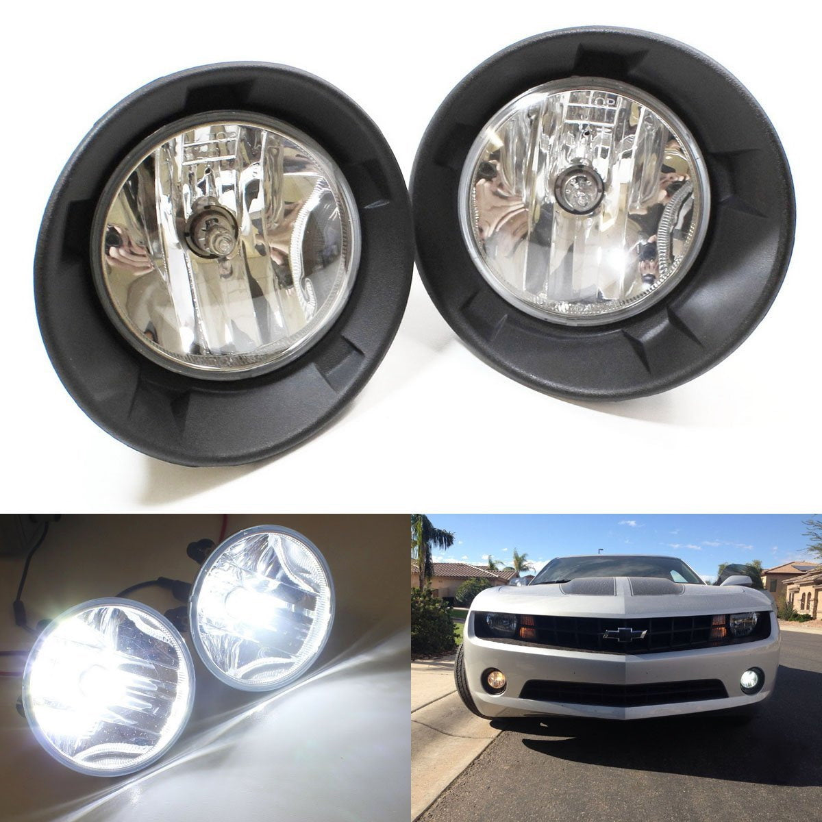 Complete Clear Lens Fog Light Kit with White LED Bulbs & Bezels for 2010-2013 Chevy Camaro LS/LT - Upgrade Your Night Driving Visibility & Style