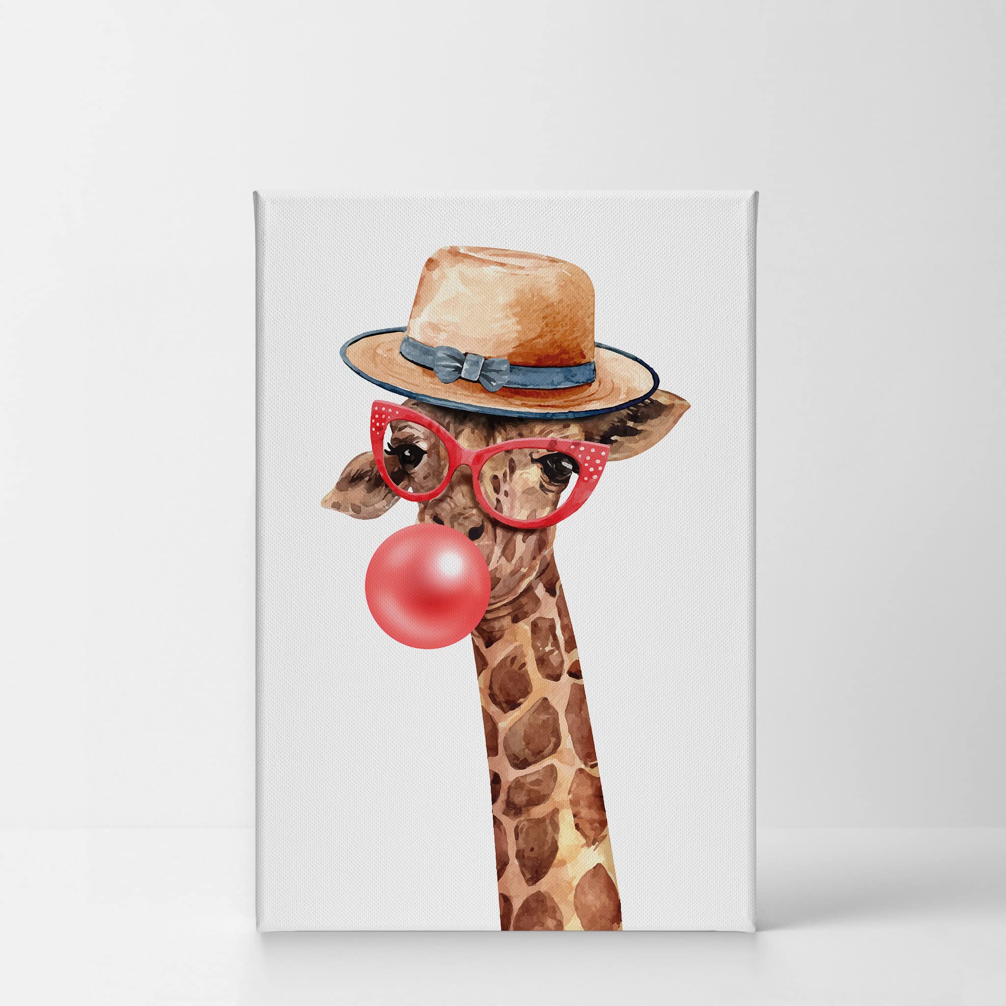 Giraffe Wearing Hat & Red Glasses Chewing Bubble Gum Canvas Wall Art Print - 40x30