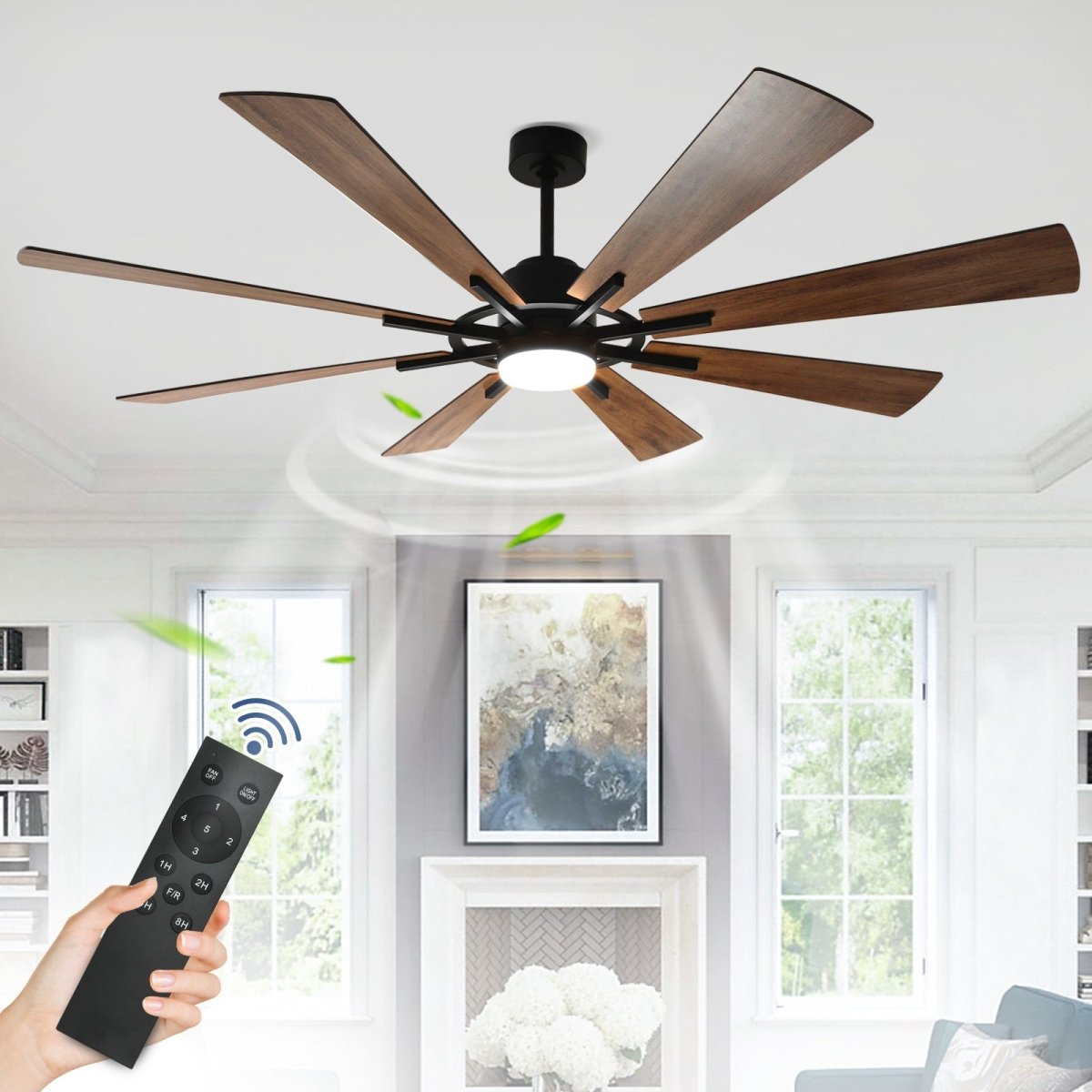Depuley 72 Inch Modern Black LED Ceiling Fan with Lights & Remote Control - 8 Reversible Blades, 3 Color Options, 5 Speed Quiet Motor - Perfect for Living Room, Bedroom, Office, Patio & Covered Outdoor Spaces (Timer Function Included)