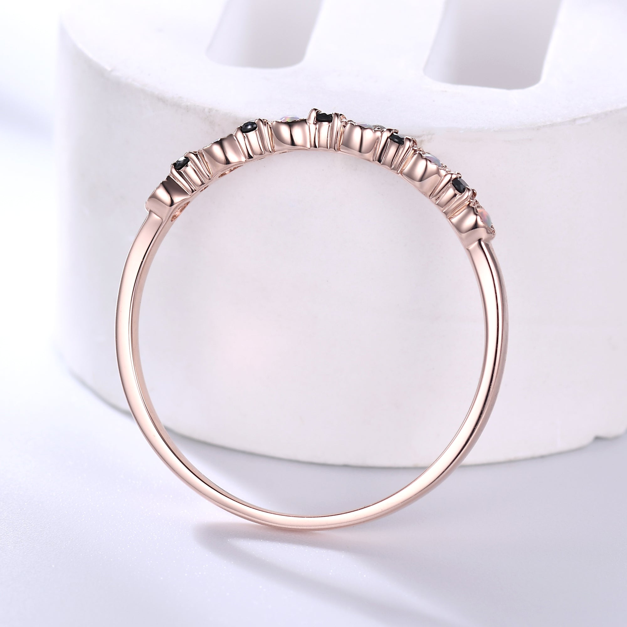 14k Rose Gold Opal Black Onyx Wedding Band - Stackable Milgrain Ring for Women | Perfect for Bridal Jewelry, Anniversary Gifts & Everyday Elegance