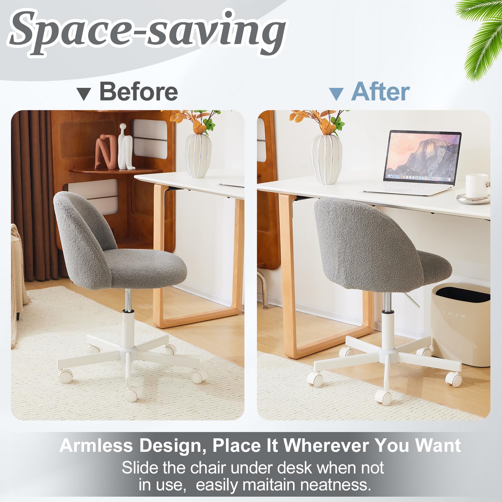 VINGLI Armless Cute Teddy Bear Desk Chair with Wheels - Adjustable Swivel Office Chair with Lumbar Support, Comfortable Small Computer Task Chair for Home Office, Bedroom & Vanity (Muted Grey) - Perfect for Work, Study & Gaming Sessions