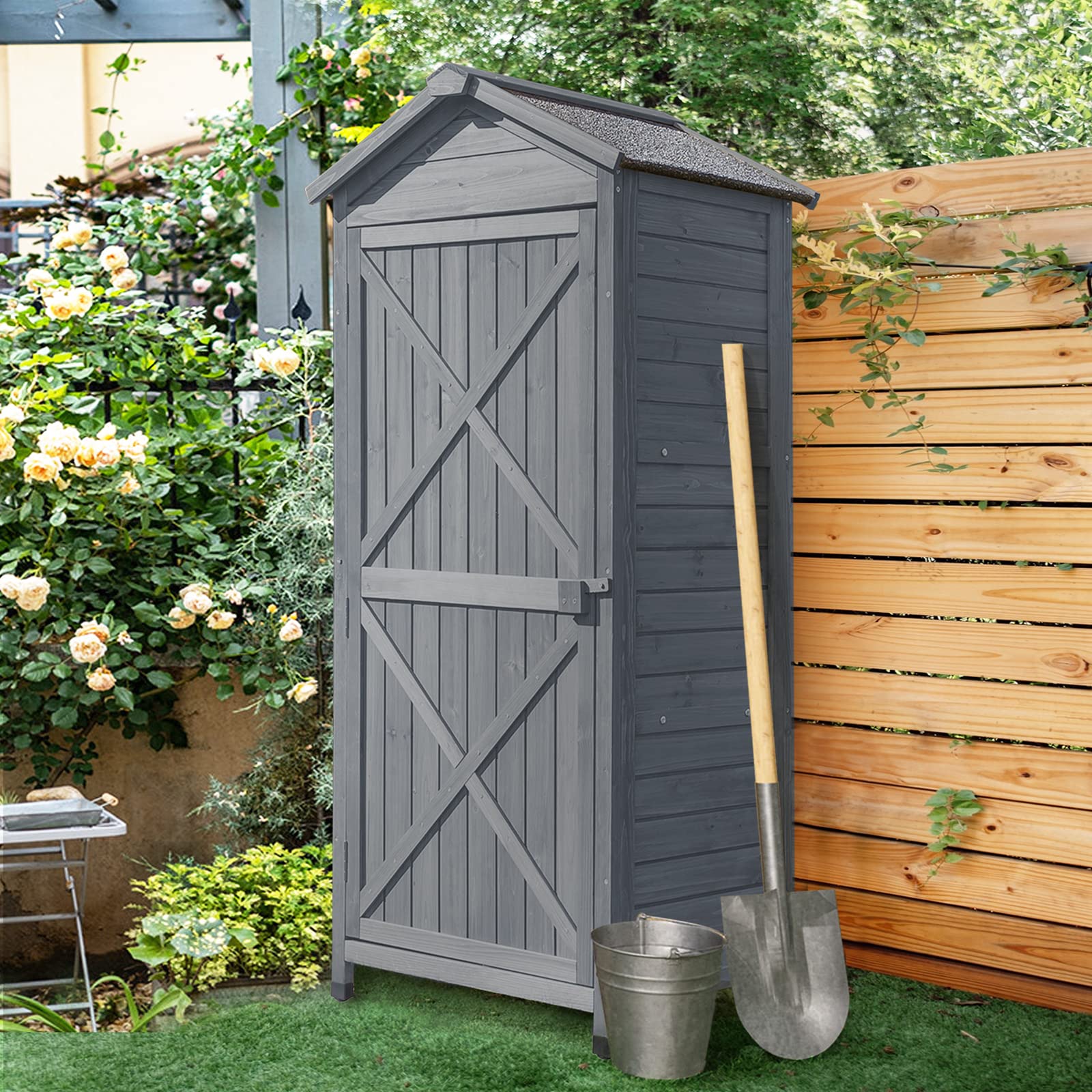 Outdoor Waterproof Wooden Storage Cabinet - Garden Tool Shed with Adjustable Shelves & Folding Workstation | Vertical Outdoor Storage Organizer with Lockable Door & Adjustable Pegs | Made of Durable Fir Wood in Gray | Perfect for Backyard, Patio, Garage & Garden Tool Organization