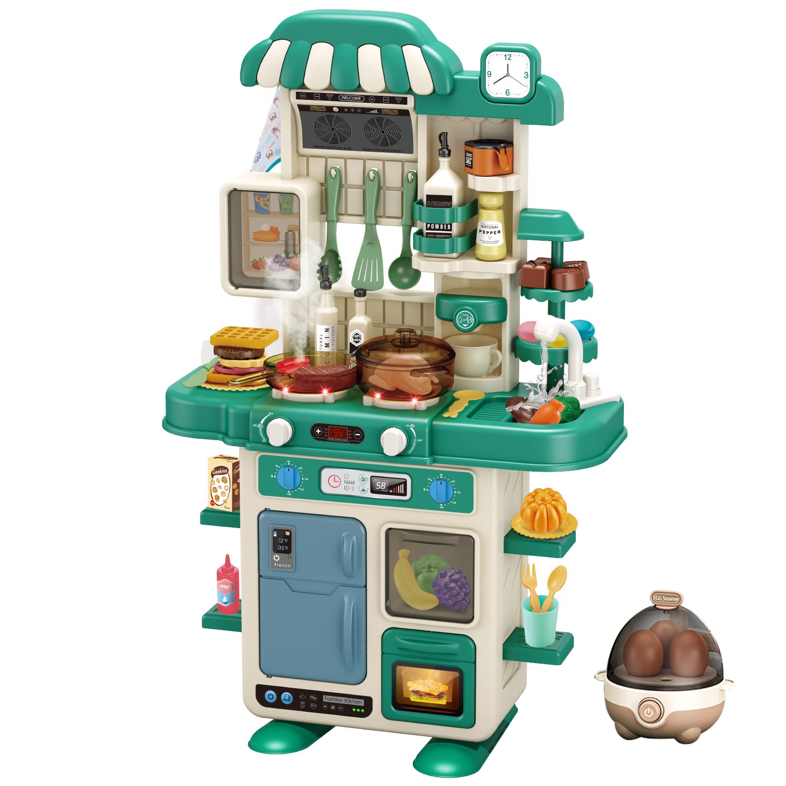 **Deejoy 49-Piece Kids Kitchen Playset with Egg Steamer, Realistic Lights & Sounds, Spray & Sink Simulation – Pretend Play Food Toys for Toddlers (Green) – Perfect for Role-Playing & Early Learning Fun**