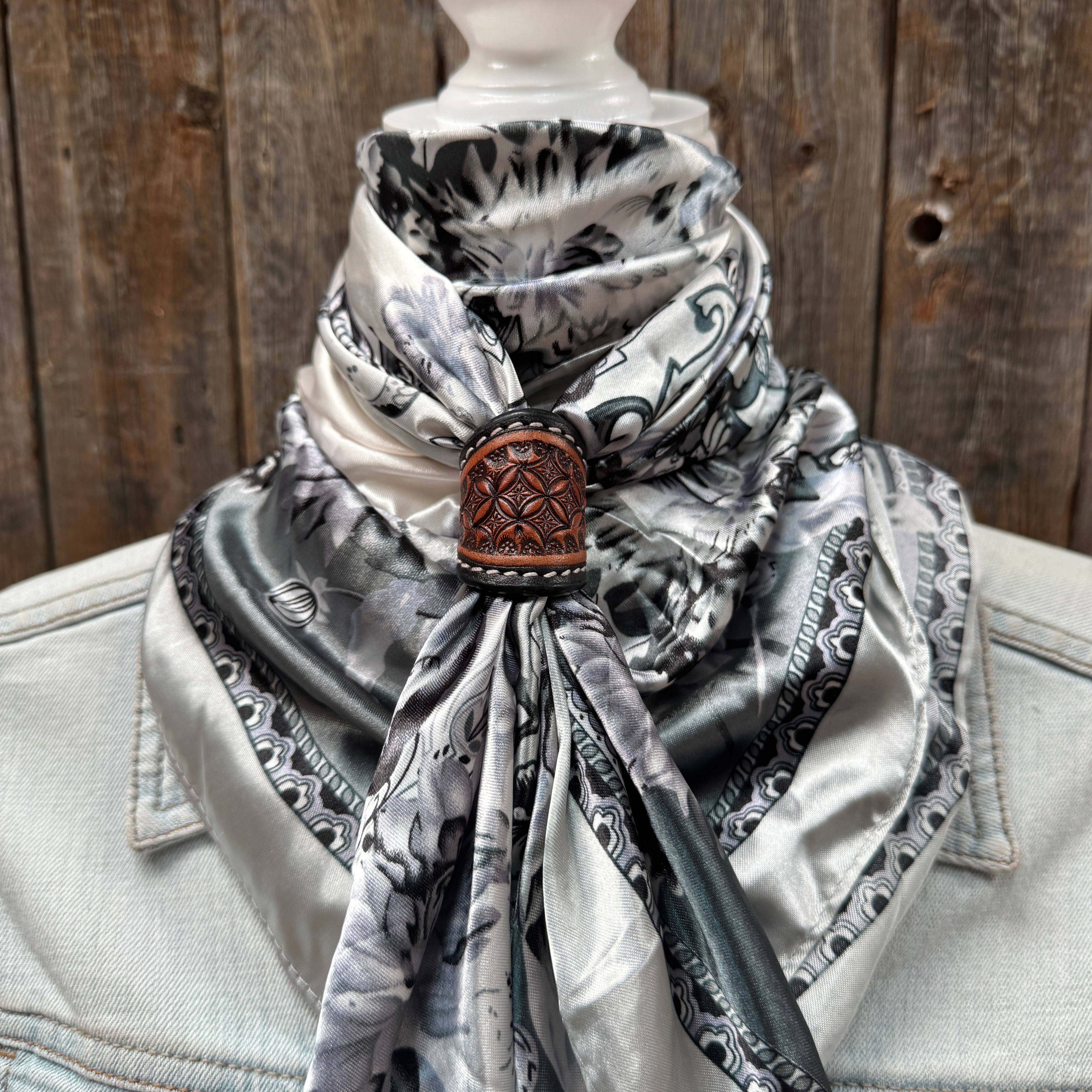 35X35 Silver & White Paisley Wild Rag Scarf WR172 - Western Style Bandana for Cowboy, Cowgirl & Horse Riders - Tooled Leather Wild Rag Slides Included - Perfect for Rodeo, Ranch Work & Outdoor Adventures