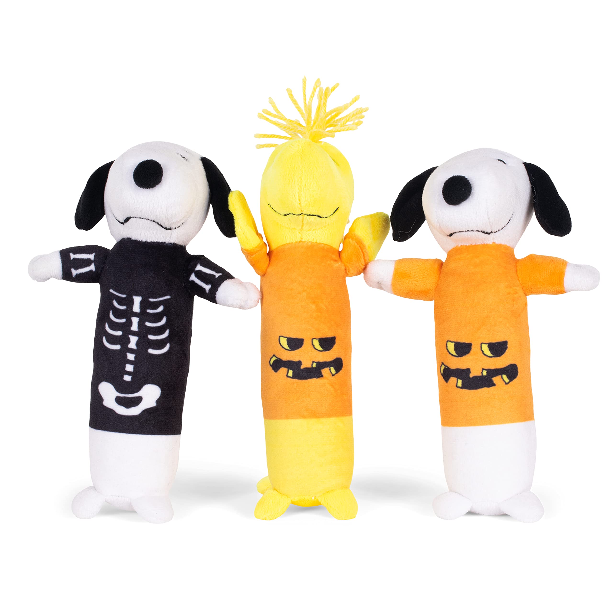9 Inch 3 Pack Halloween Dog Toys - Snoopy Pumpkin, Woodstock Pumpkin & Snoopy Skeleton Plush Chew Toys | Officially Licensed Peanuts Collection | Durable Squeaky Dog Toys for Halloween Parties & Playtime