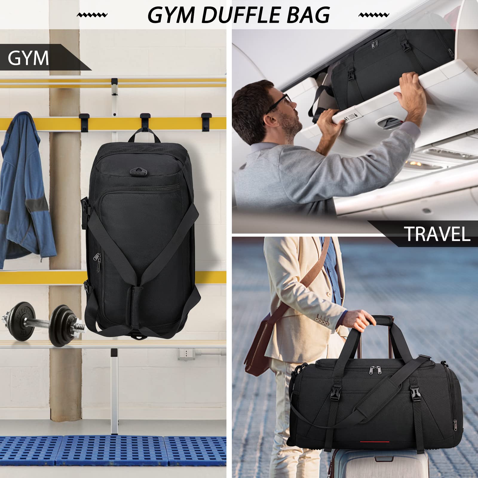 **40L Waterproof Gym Bag for Men & Women - Lightweight Sports Duffle Bag with Shoe Compartment & Wet Pocket - Large Travel Carry On Weekender Overnight Bag for Workouts, Travel & Gym - Black**