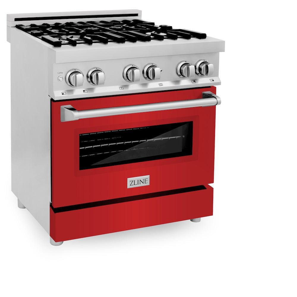 ZLINE 30 Inch Stainless Steel Dual Fuel Range with Red Matte Door & Convertible Vent Hood - Professional Kitchen Package (2KP RARMRH30) | Perfect for Home Chefs & Modern Kitchens