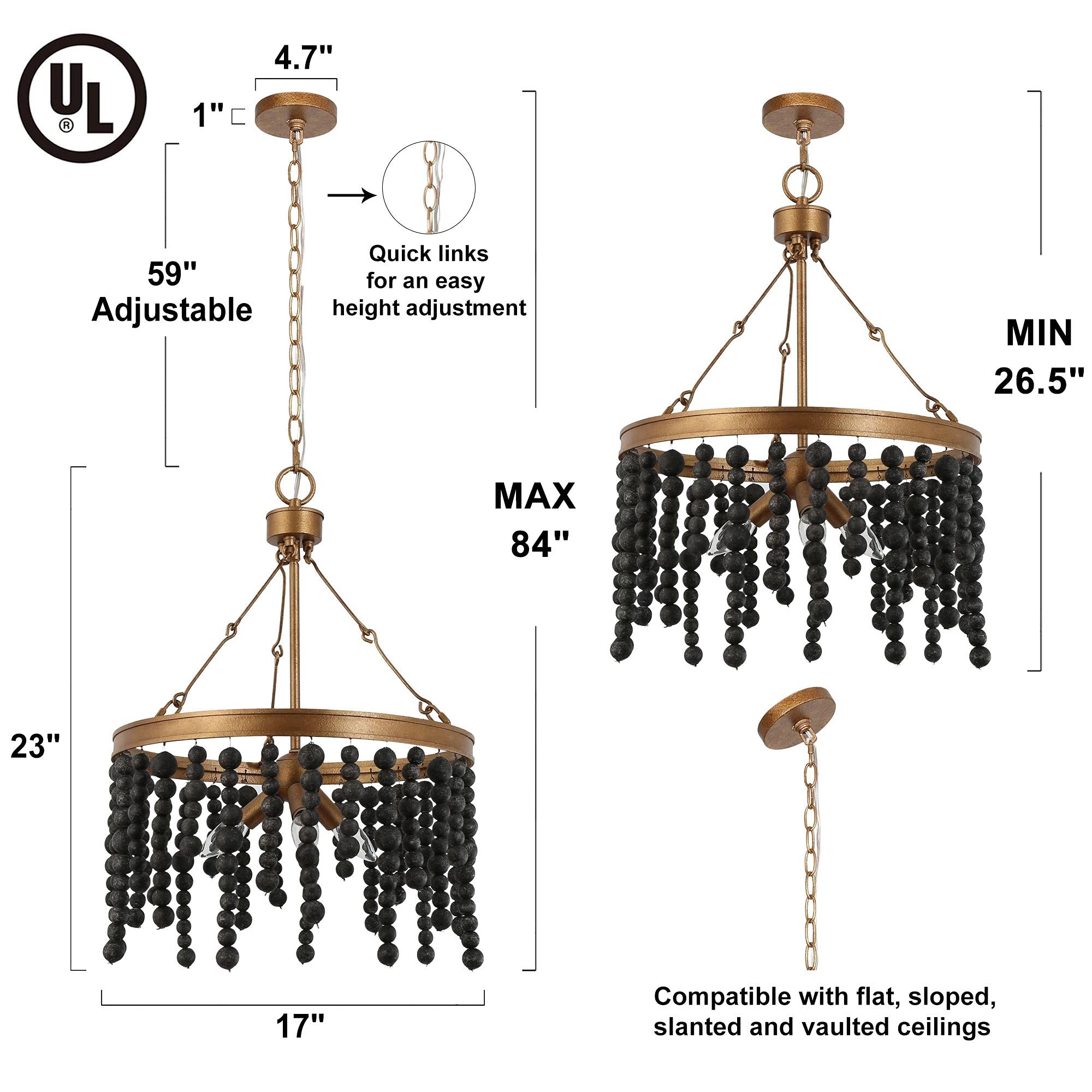 Black 3-Light Wood Beaded Boho Chandelier - 17