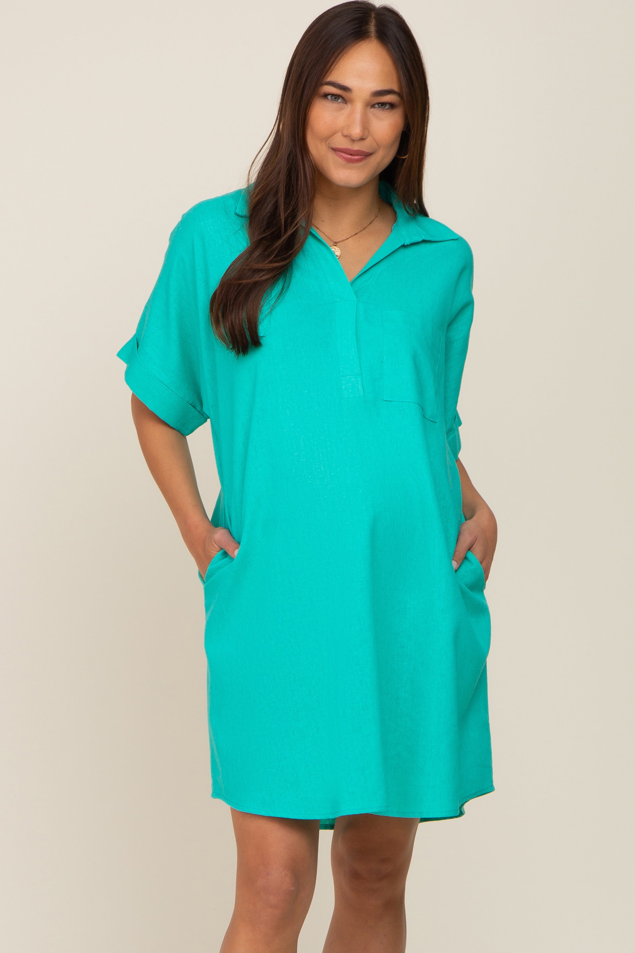 Aqua Linen Maternity Dress with Collar and Front Pocket - Short Sleeve Summer Pregnancy Dress for Casual Wear, Baby Shower & Outdoor Activities
