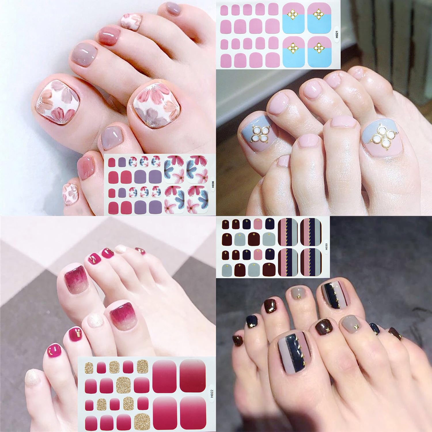 DANNEASY 20 Sheets Self-Adhesive Toe Nail Polish Stickers - Full Nail Wraps for Women, Gel Nail Strips for Toes with Nail File & Cuticle Stick | Easy At-Home Pedicure, Toenail Manicure & Nail Art Design
