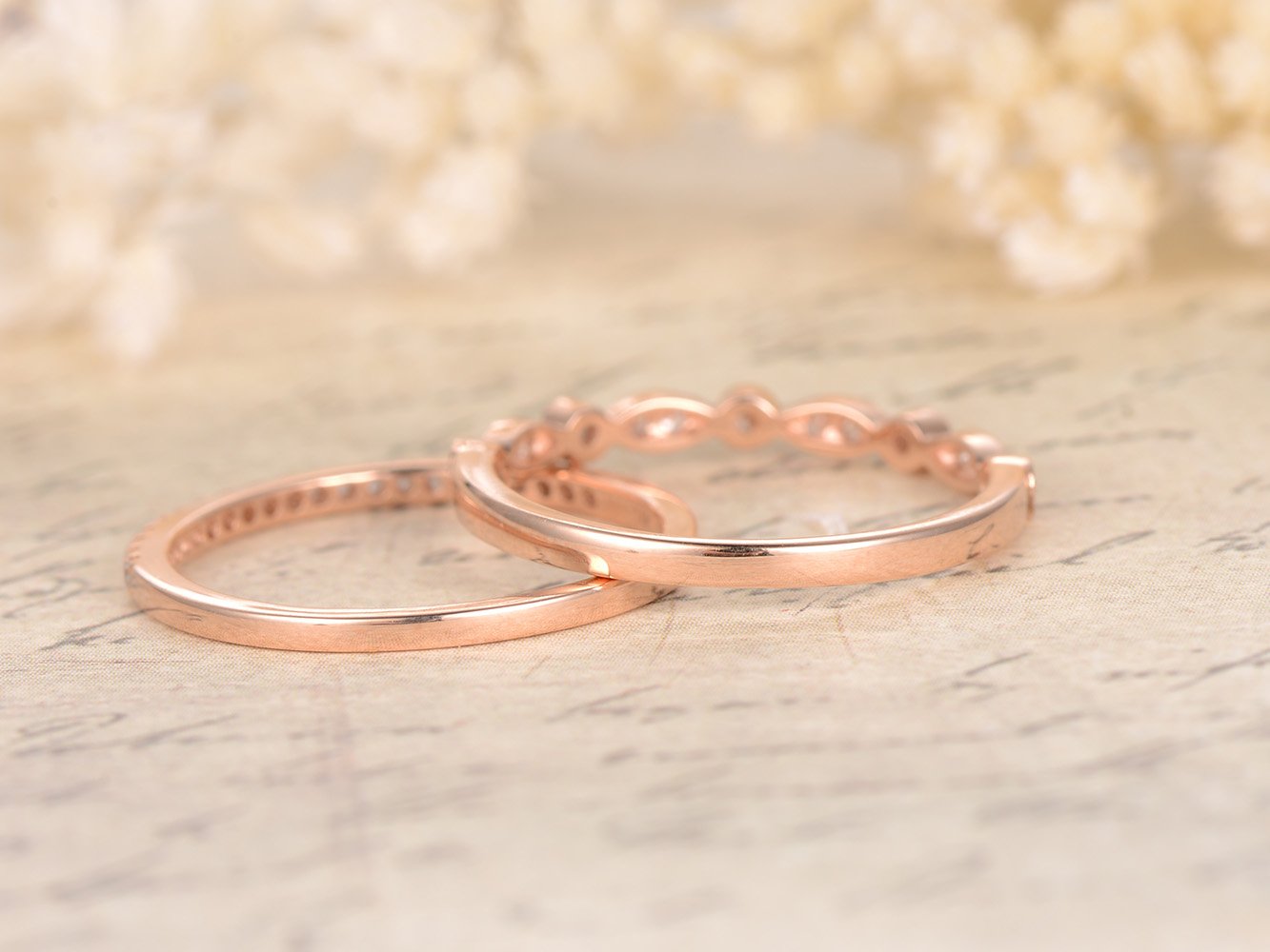 14K Rose Gold Half Eternity Diamond Wedding Ring Set - Anniversary Band for Stacking & Milgrain Detail