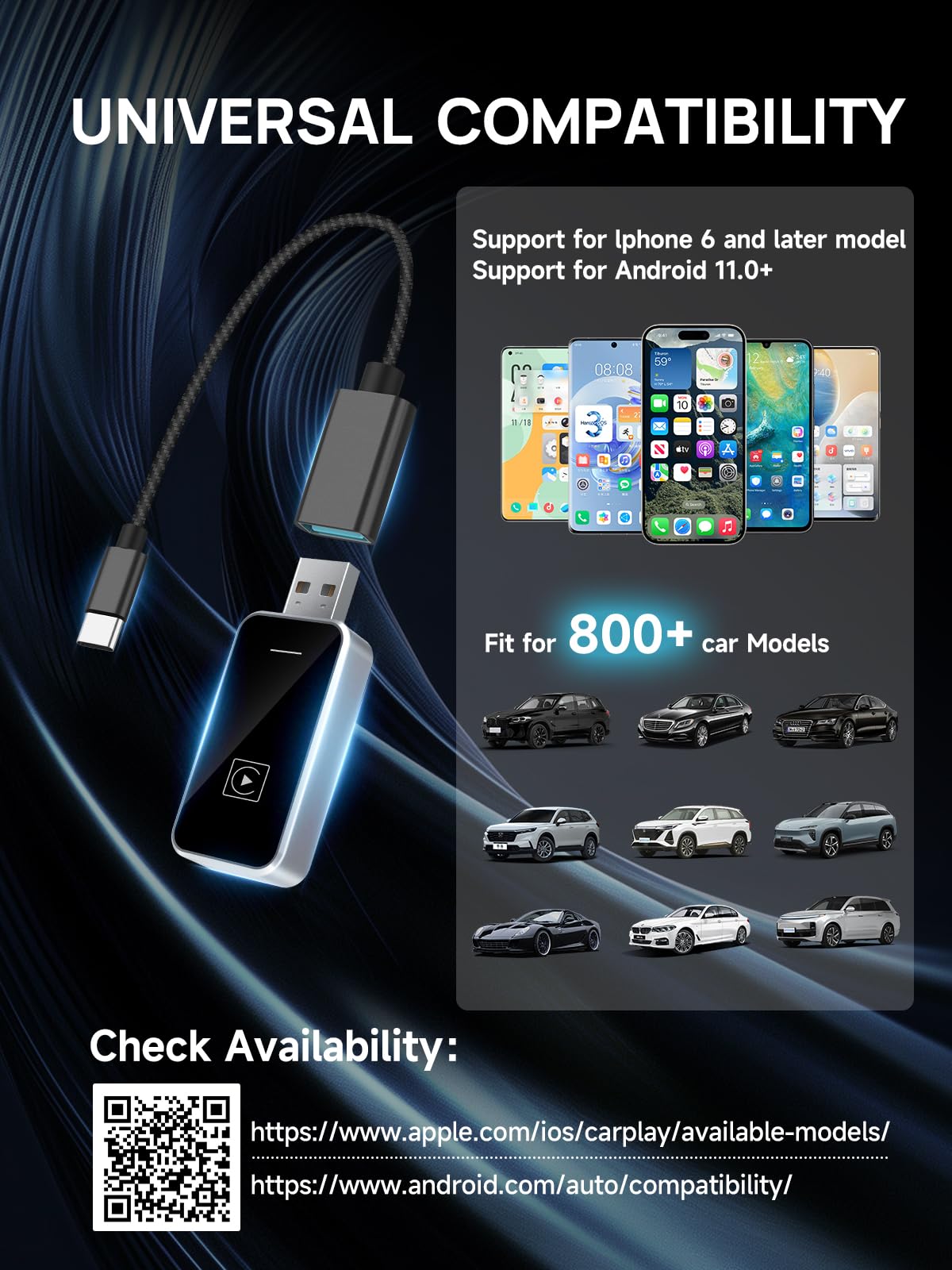 Moman Wireless CarPlay Adapter - Plug & Play CarPlay & Android Auto Converter for iPhone & Android (iOS 10+), USB-A/USB-C Compatible, Wireless CarPlay Adapter for 800+ Vehicles (2016+ Models) - Perfect for Commuting, Road Trips & Hands-Free Driving
