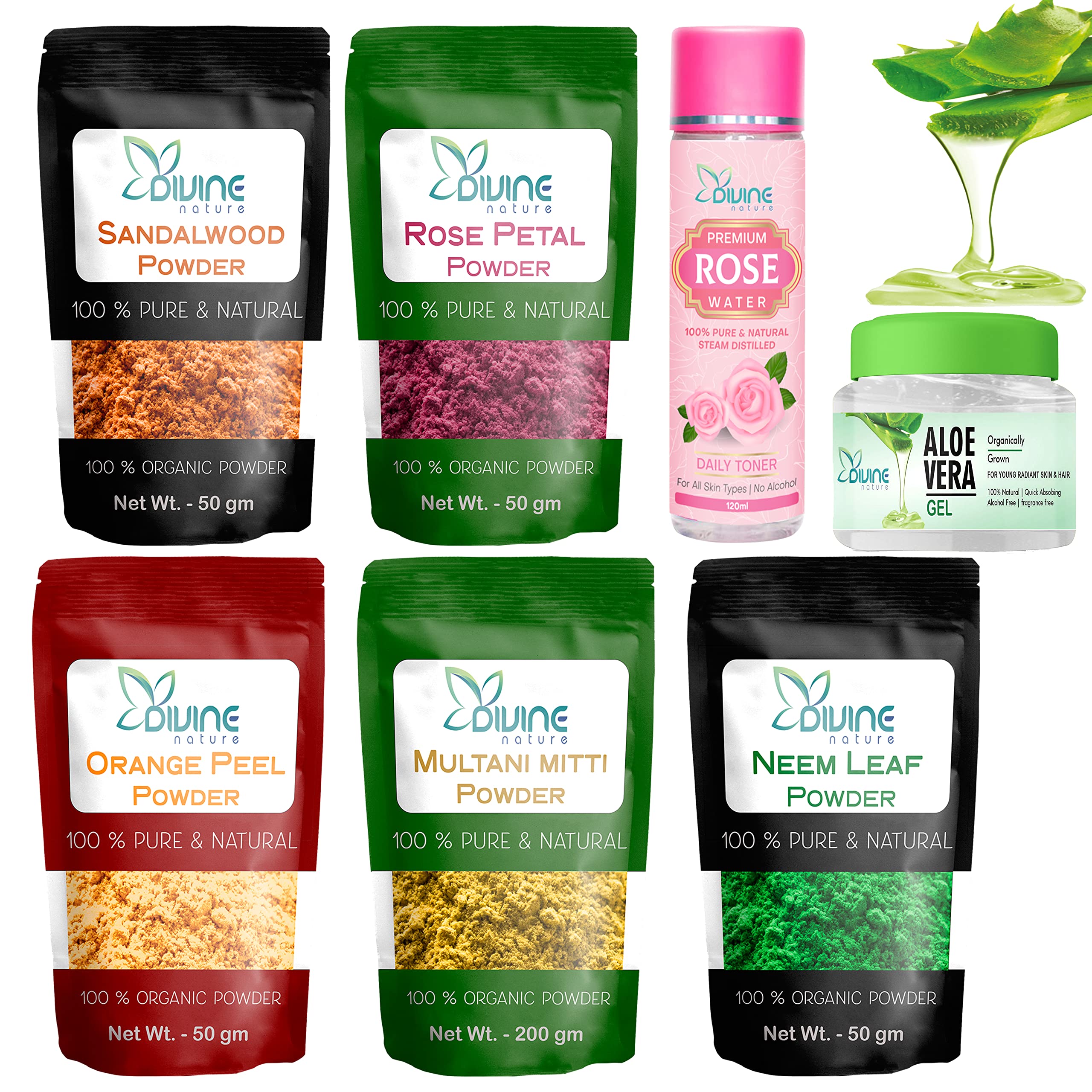 Divine Nature Organic Multani Mitti Powder, Sandalwood Powder, Neem Powder, Chandan Powder, Steam Distilled Rose Water & Aloe Vera Gel for Face - 620g | Natural Skincare for Glowing Skin, Acne Treatment & Daily Beauty Routine