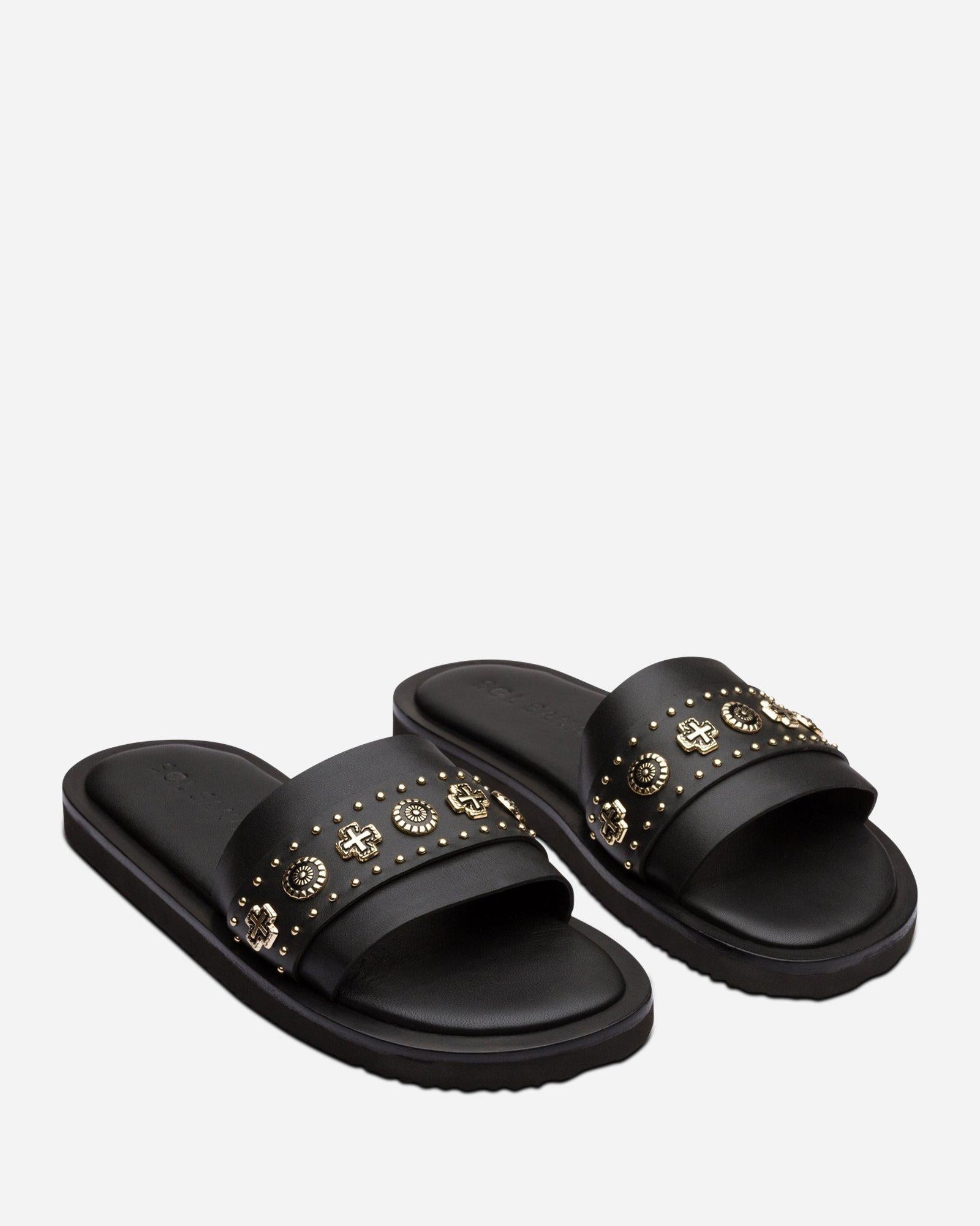 Cleo Slide Sandals for Women - Black & Gold Gladiator Flat Summer Shoes | Comfortable Casual Footwear for Beach, Vacation, and Daily Wear