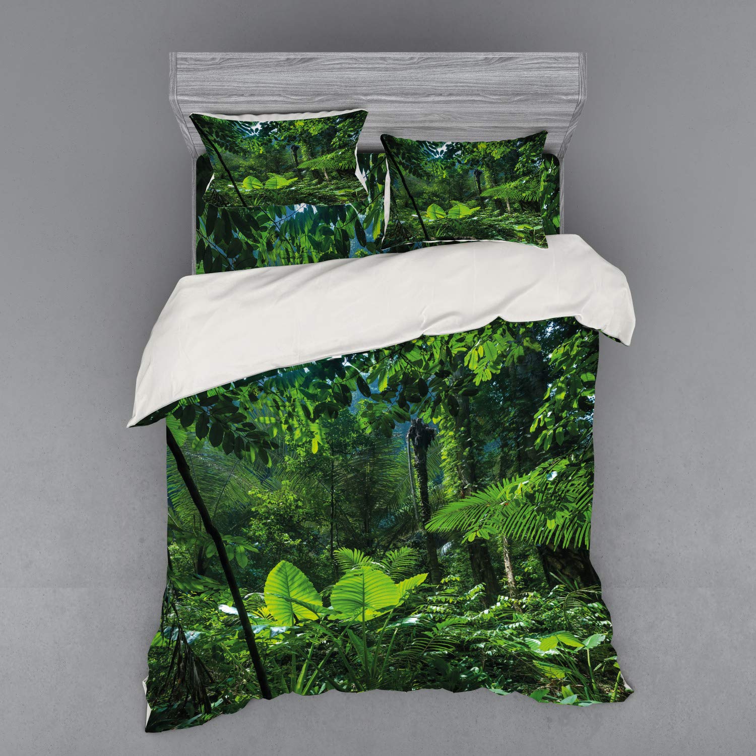 Ambesonne 4-Piece Queen Size Jungle Bedding Set - Green Rainforest Duvet Cover with Shams & Fitted Sheet | Eco-Friendly Plant Themed Bedroom Decor for Nature Lovers