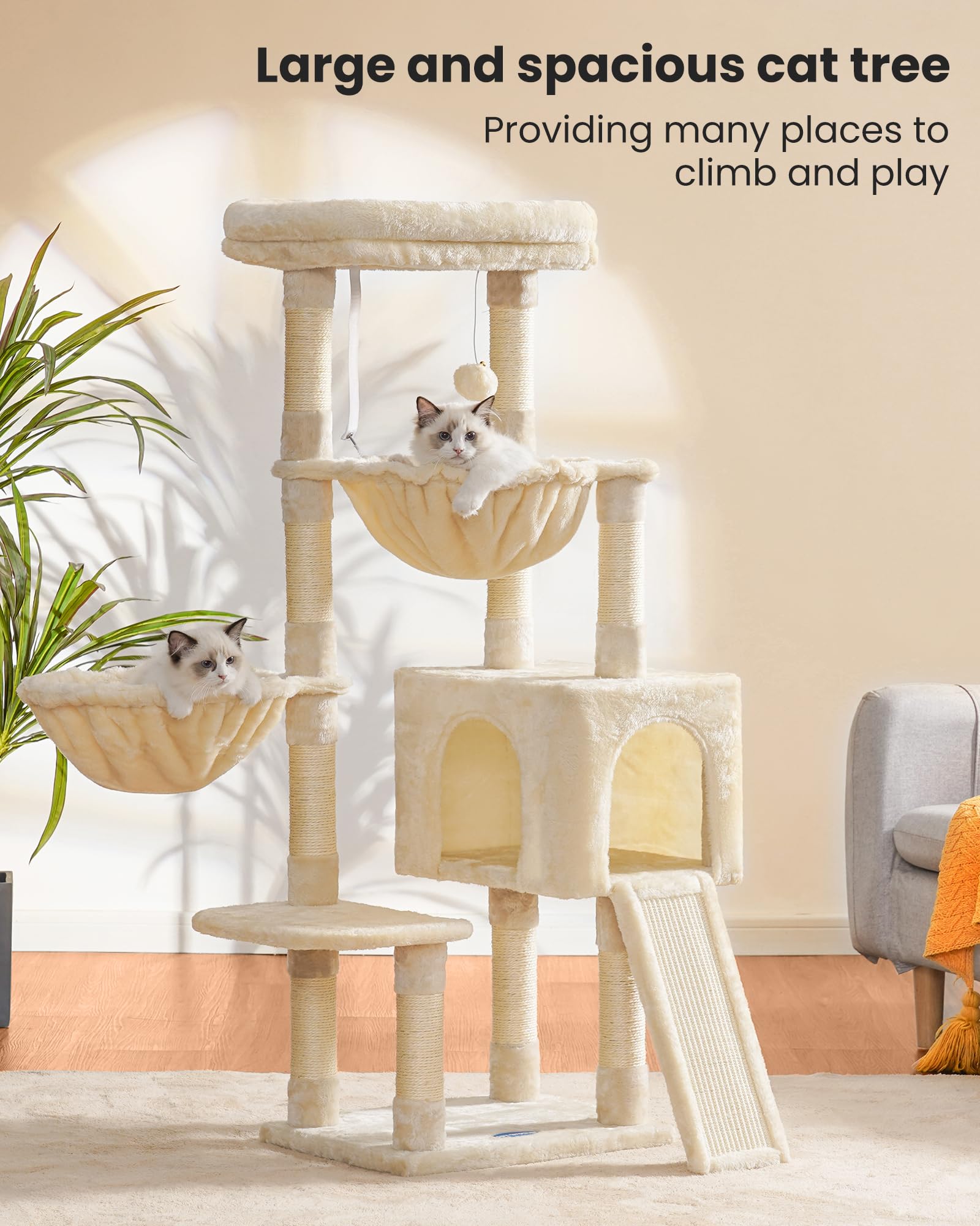 Hey-brother Large Cat Tree for Indoor Cats - Multi-Level Cat Tower with Cozy Condo, Plush Bed, Hammocks & Sisal Scratching Posts - Sturdy Cat Furniture for Play, Rest & Scratching (Beige, MPJ006-MM) - Perfect for Small Spaces, Apartments & Multi-Cat Homes