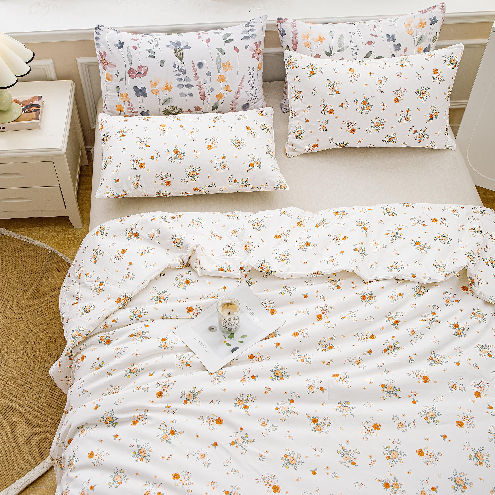 ATsense Queen Comforter Set - 3 Piece White Floral Botanical Bedding | All Season Soft Cotton Comforter with 2 Pillowcases | Perfect for Master Bedroom, Guest Room & Cozy Home Decor