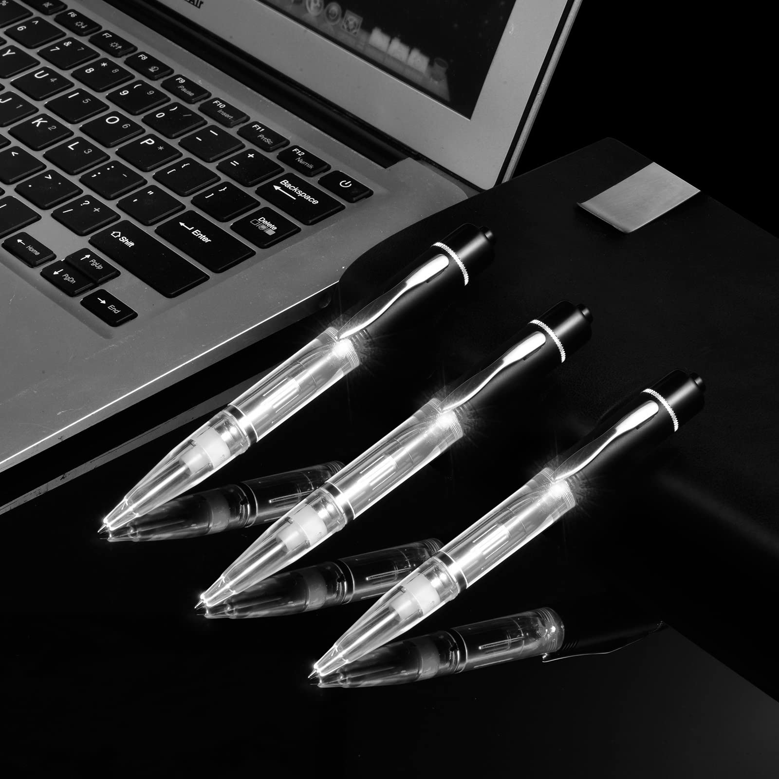 Glovion LED Light Pen - 3 Pack White Light Ballpoint Pens with Black Shell for Night Writing, Reading & Signing in Low Light Conditions
