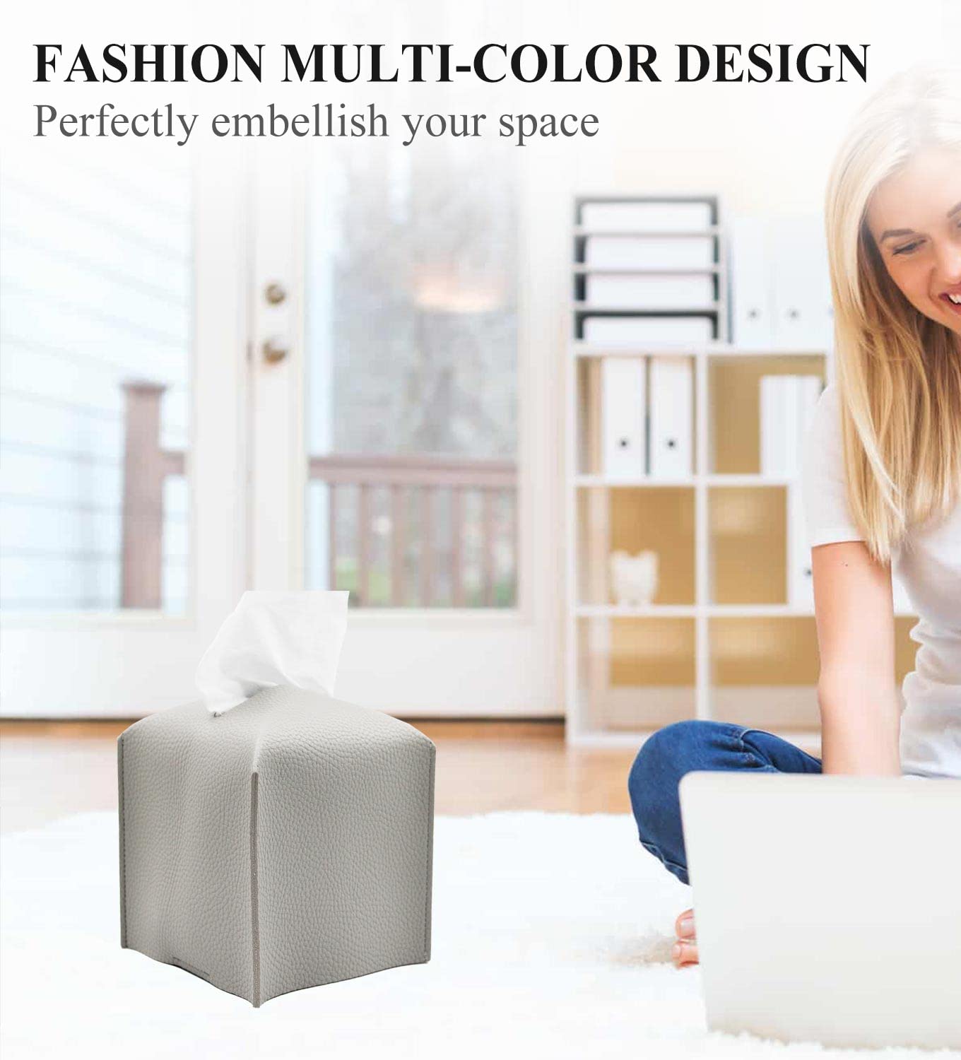 Livelab Square Tissue Box Cover - Modern PU Leather Tissue Holder for Bathroom, Vanity, Office & Car | 5x5x5 Inches | Pastel Grey | Stylish Home & Office Decor