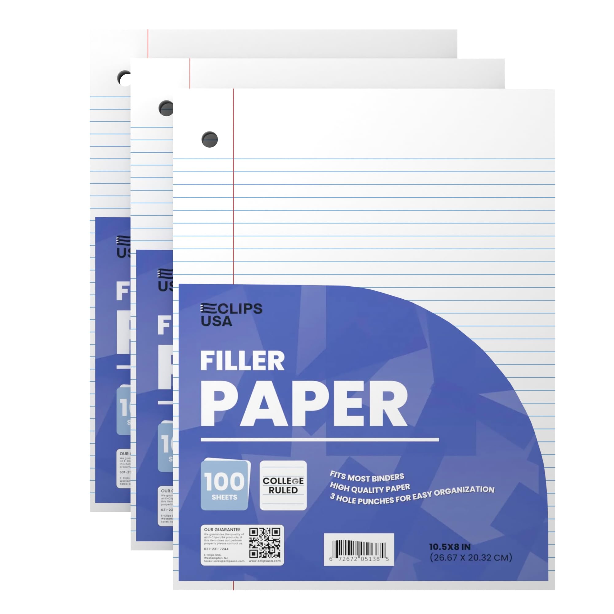 College Ruled Notebook Paper - 3 Pack (100 Sheets Each) | 10.5