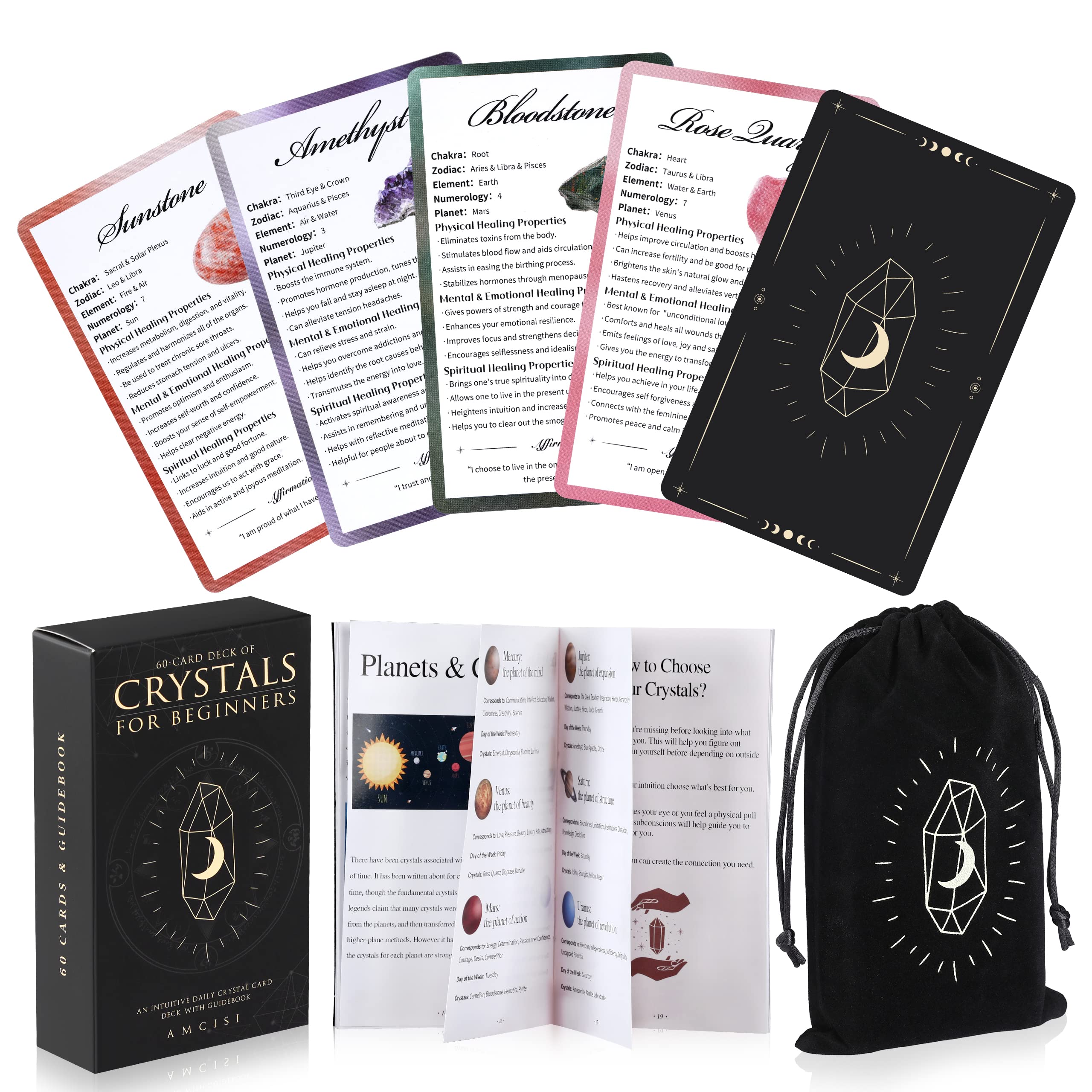 Healing Crystals Oracle Cards Deck - 60 Crystal & Stone Cards with Meanings, Guidebook for Beginners | Meditation, Spiritual Growth & Energy Work Gift Set