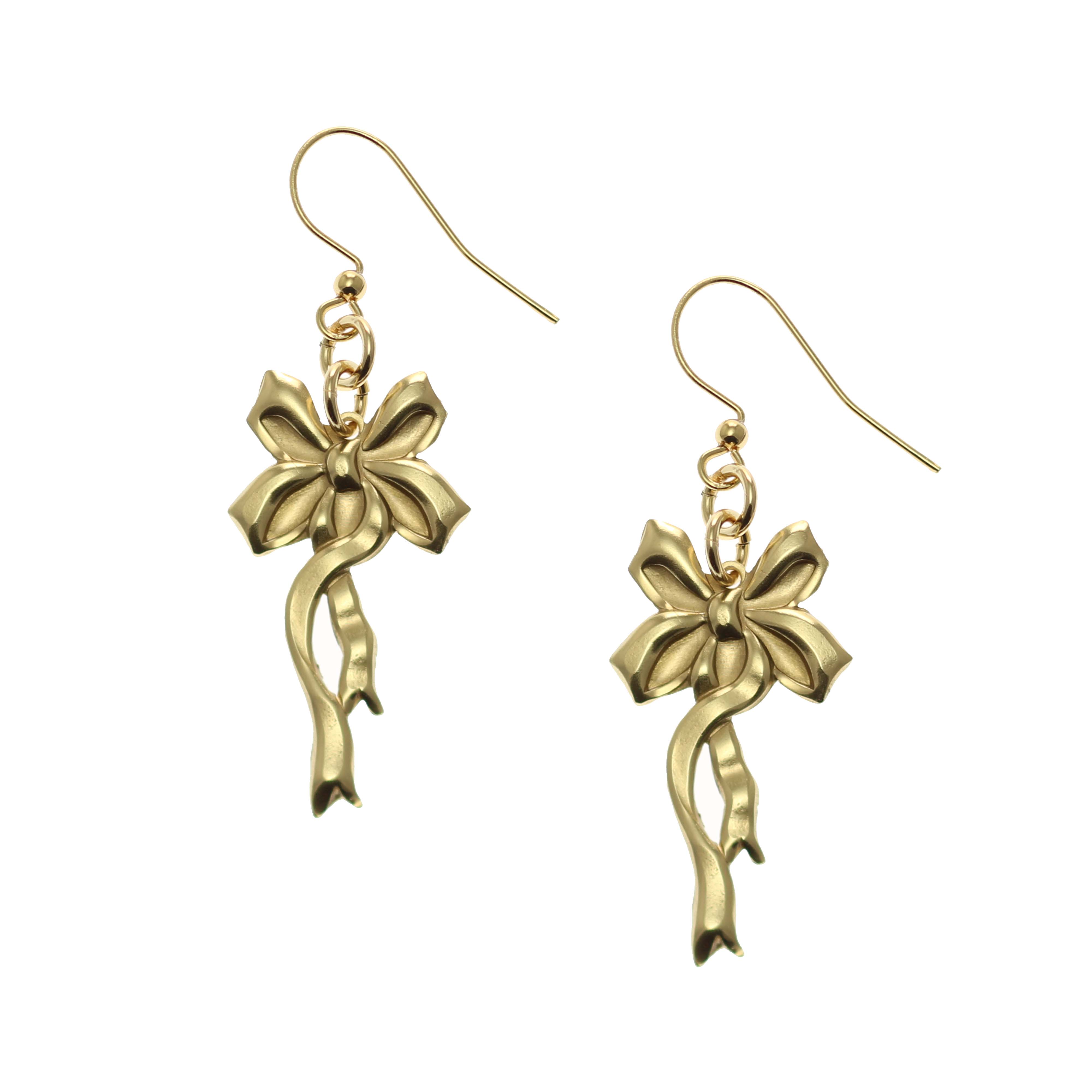 Yuletide Ribbon Nu Gold Brass Dangle Earrings - Elegant Holiday Jewelry for Christmas Parties & Festive Occasions