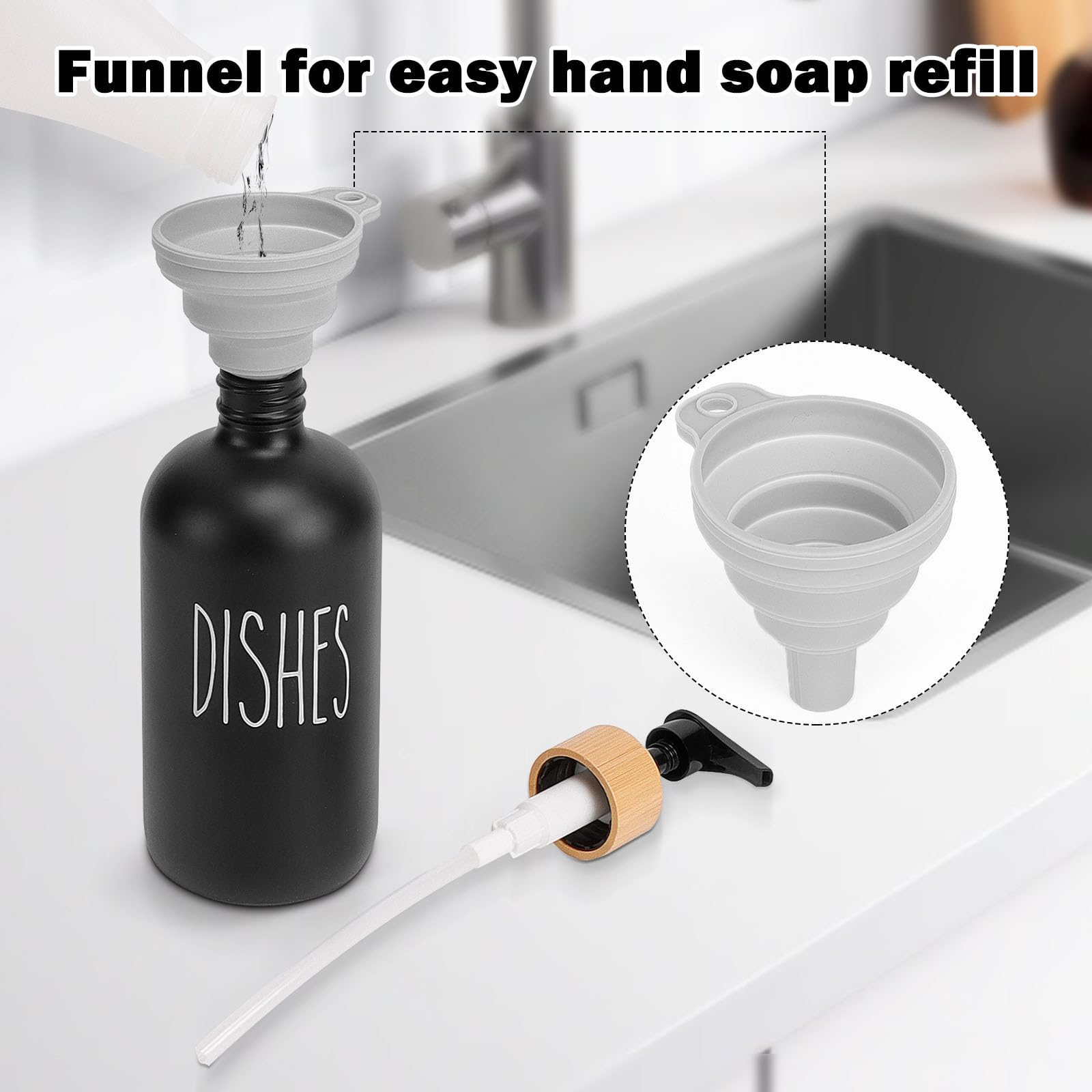 HarJue Glass Soap Dispenser Set - Refillable Dish Soap Pump for Kitchen & Bathroom | Countertop Shampoo & Conditioner Dispenser | Elegant Home & Restaurant Use