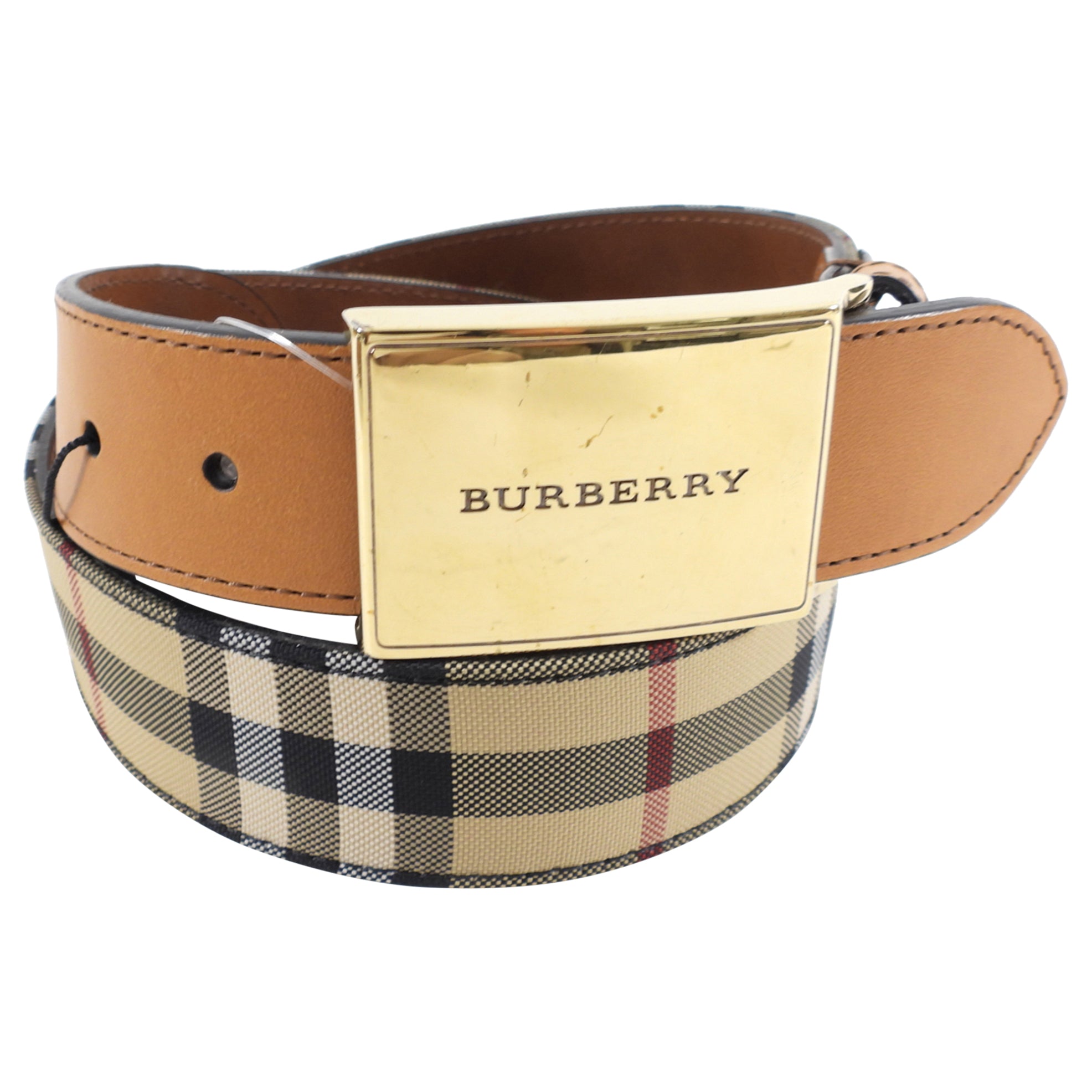 Burberry Brass Buckle Check & Tan Leather Belt for Men - 80/32 Size | Classic British Style Accessory for Business, Casual & Formal Outfits
