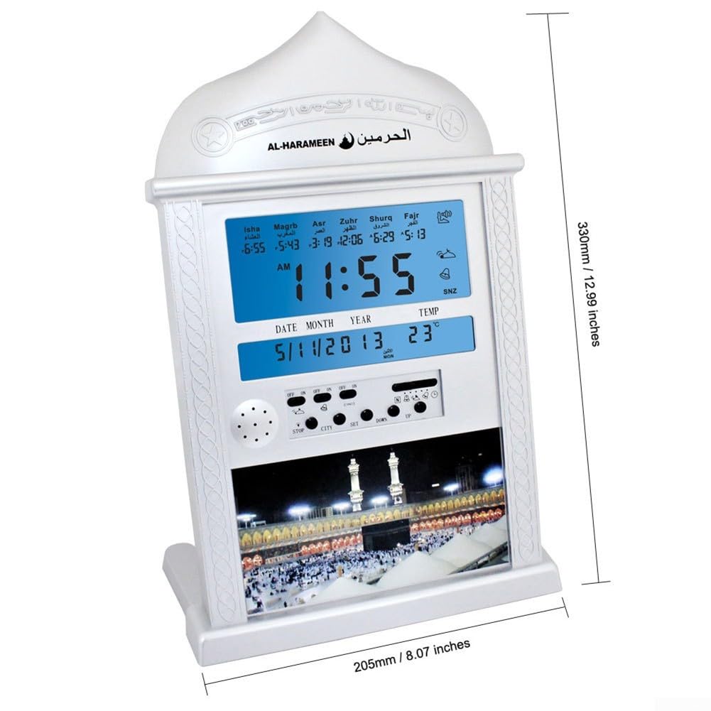 Azan Calendar Muslim Prayer Clock - Adjustable Prayer Times & Temperature Display, Silver | Perfect for Home, Mosque, and Islamic Centers