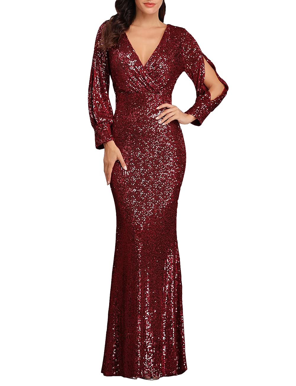 ARFAR Women's Sequin Evening Gown - Long Sleeve V-Neck Formal Party Dress with Thigh High Slit | Elegant Prom, Wedding Guest, Cocktail & Holiday Party Attire