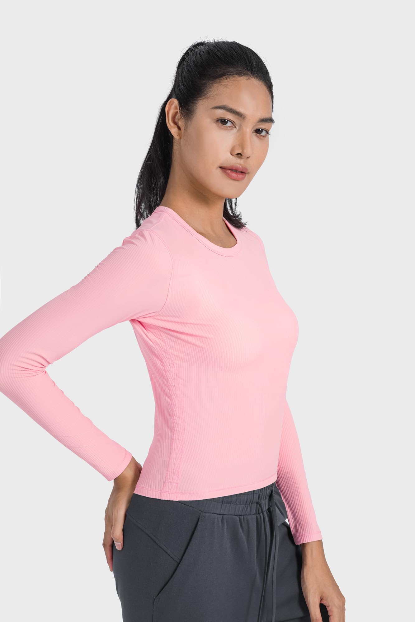 Altiland Women's Ribbed Long Sleeve Workout Tops - Fitted Athletic Running Shirts & Cropped Yoga Exercise Tees for Gym, Jogging, and Fitness Training