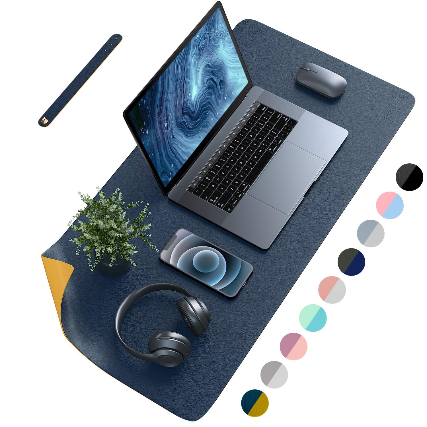 AFRITEE Dual-Sided PU Leather Desk Pad Protector - Large Waterproof Mouse Mat for Office, Home & Gaming - Smooth Writing Surface (Navy Blue/Yellow, 31.5