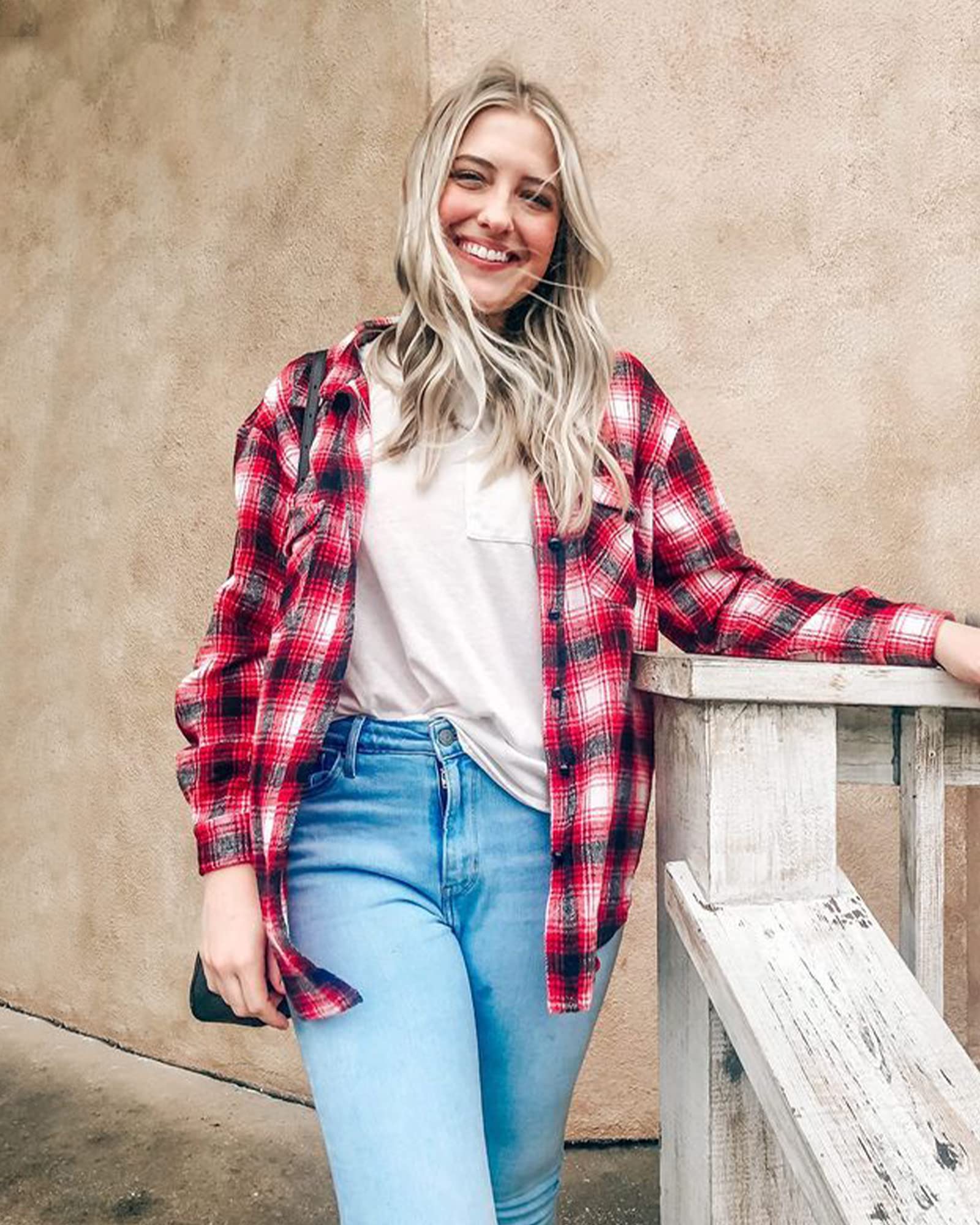 BTFBM Women's Plaid Flannel Shacket - Long Sleeve Button Down Casual Shirt Jacket for Fall & Spring | Loose Fit Blouse Top for Outdoor Activities, Work & Weekend Wear (2025 Fashion)