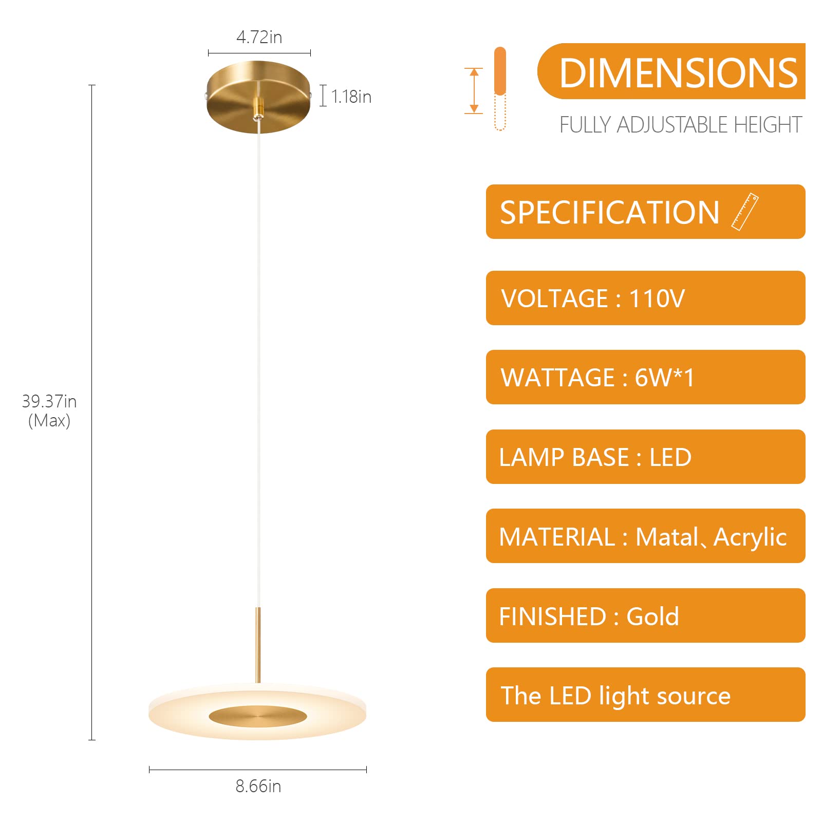 Modern Gold Plated LED Pendant Light Fixture - 3000K Warm White Dimmable Ceiling Light for Kitchen Island, Bedroom, Dining Room & Hallway (2-Pack) | Elegant Mini Hanging Lighting for Home & Office Decor