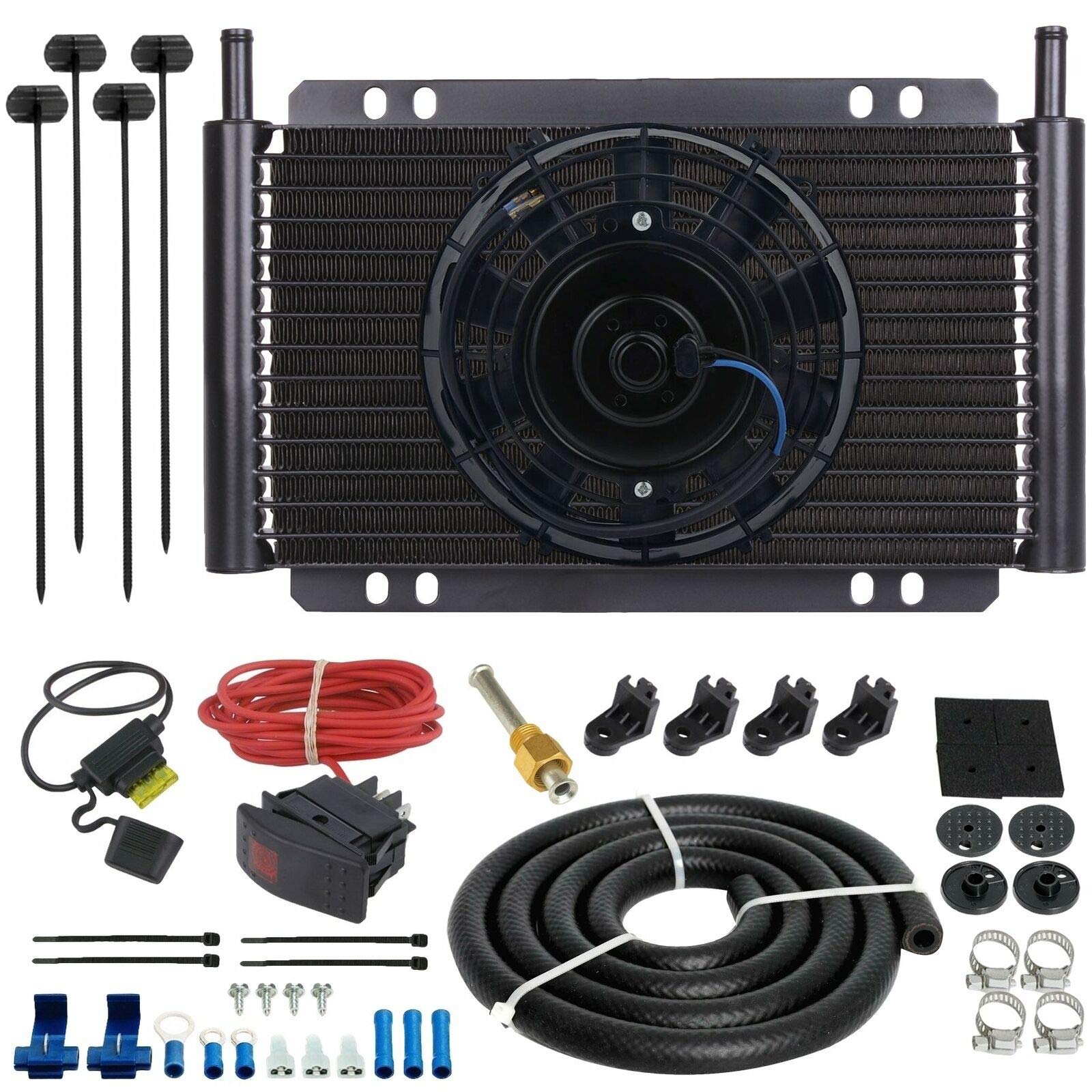 17 Row 6AN 3/8 Inch Transmission Oil Cooler Hose End Fitting with Electric Cooling Fan & Red Toggle Switch Wiring Kit - Perfect for Automotive, Truck & Performance Vehicle Cooling Systems