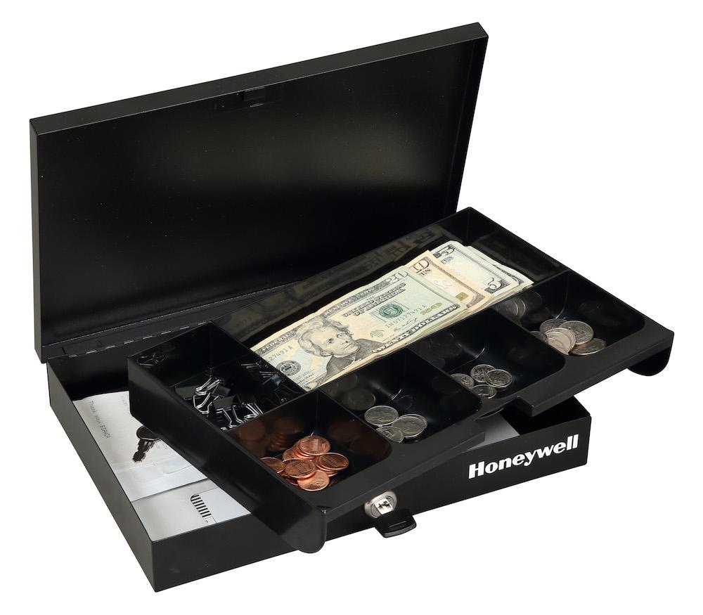 Honeywell 6212 Low Profile Steel Cash Box with Key Lock - Secure Money Storage for Small Business, Retail Store & Home Use