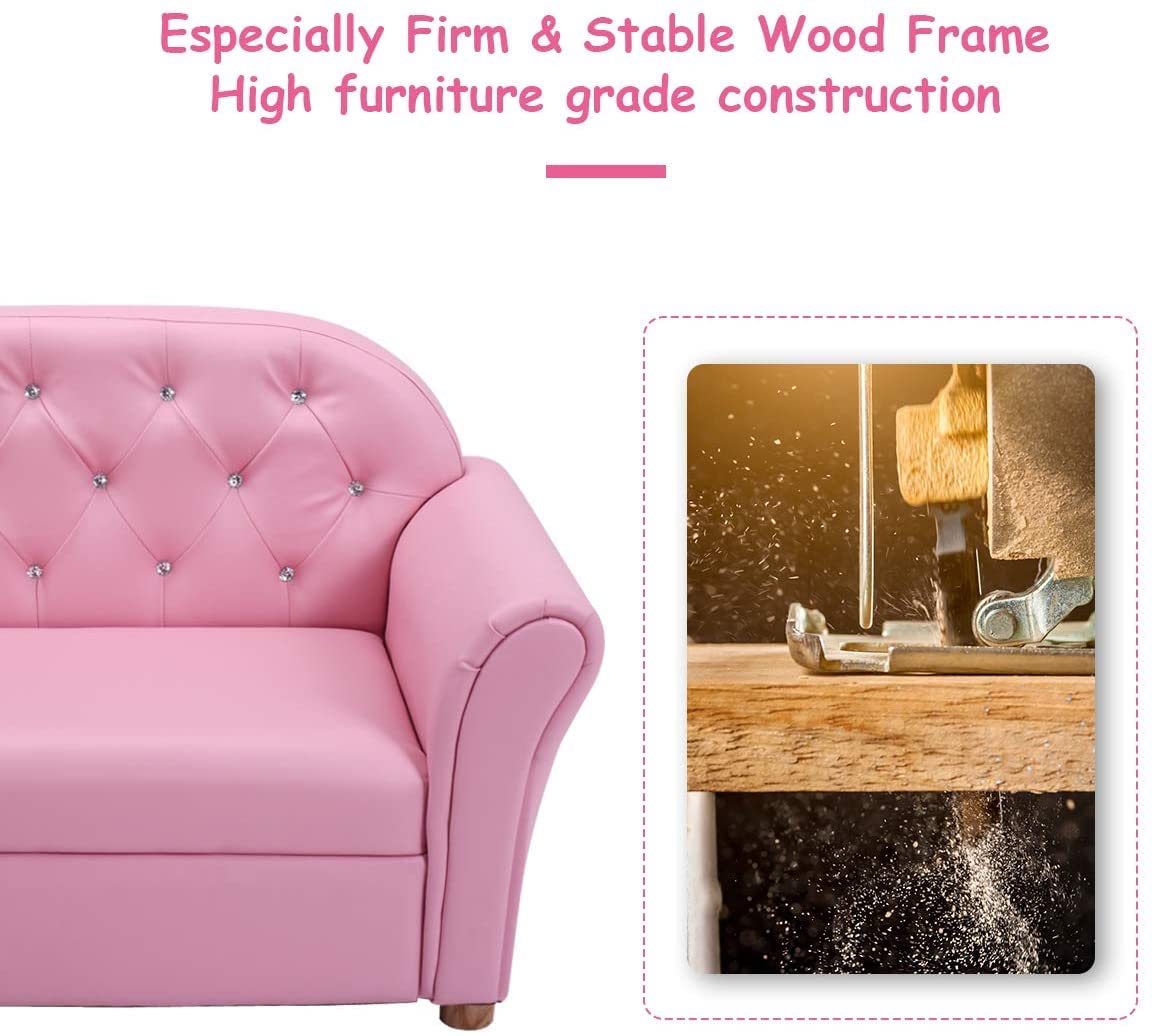 Fireflowery 37-inch Kids Sofa - Sturdy Wood Frame & PU Leather Upholstered Play Couch with Double Foam Padding - Toddler Lounge Chair for Preschool Girls (Pink) - Perfect for Playrooms, Bedrooms & Daycare Centers