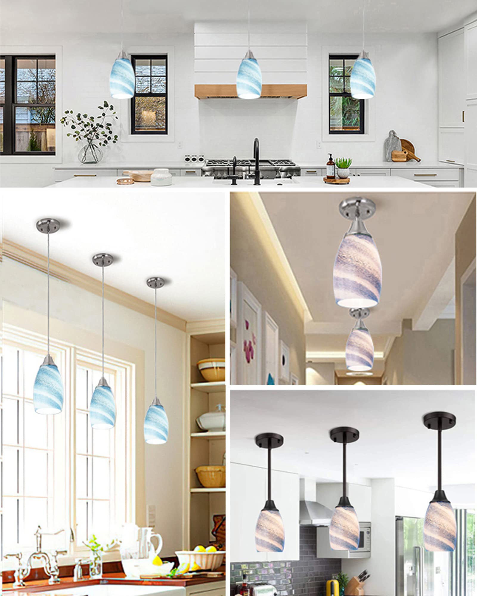 Vintage Grey Blue Art Glass Pendant Lamp Shade - Oval Glass Light Cover for Kitchen Island, Dining Room & Bar Counter Lighting Replacement - Dimmable Edison Bulb Compatible