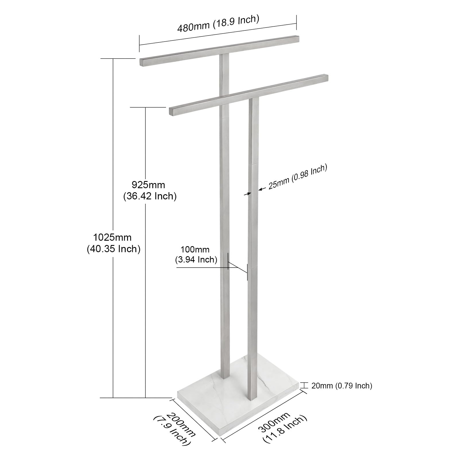 40 Inch Tall Standing Towel Rack - 2 Tier Bathroom Towel Holder with Marble Base, Stainless Steel Brushed Finish - Perfect for Bathroom, Spa, or Next to Bathtub and Shower